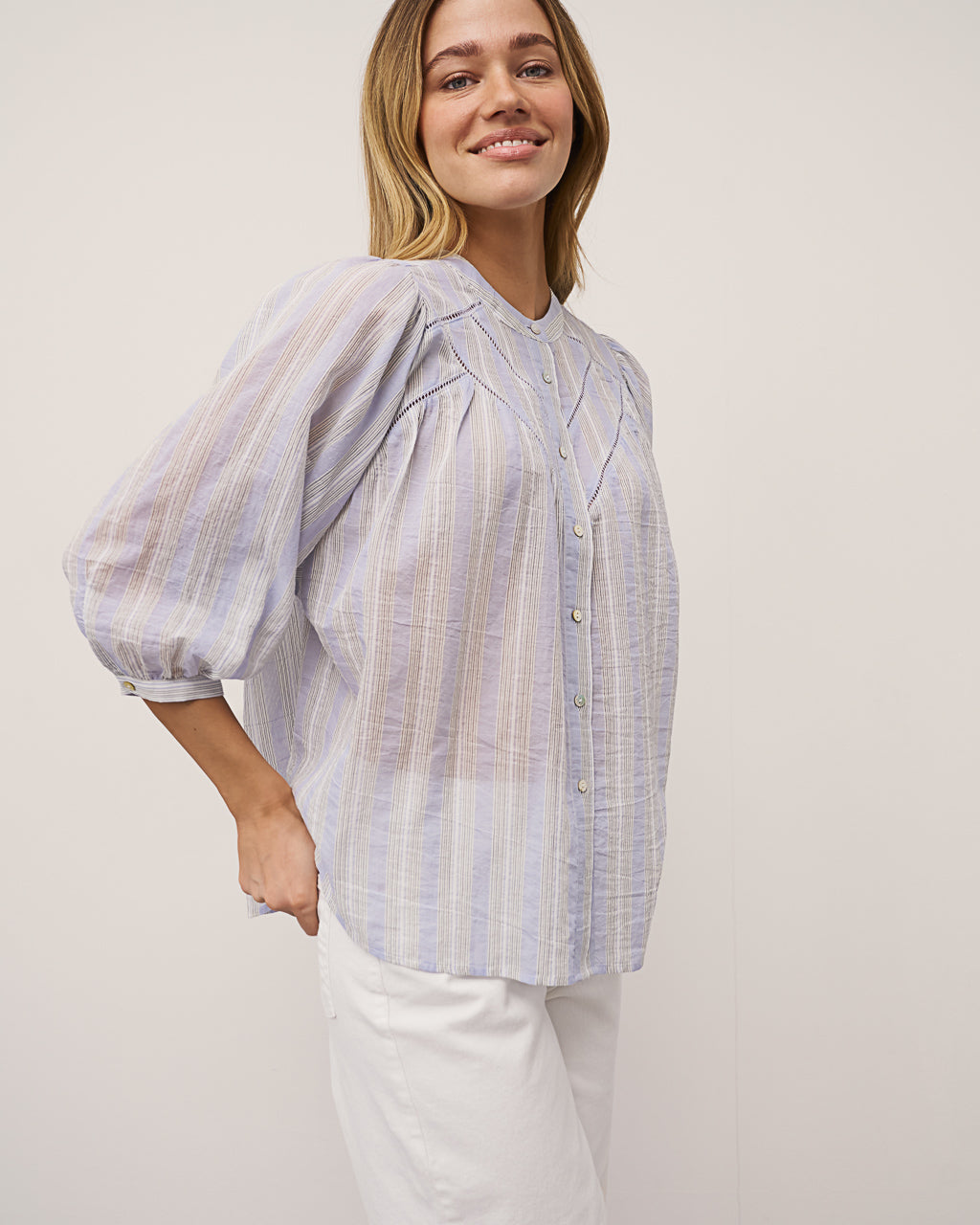 0039 Italy Faviola Fancy Blouse - Blue / White Women's Tops - Sloane Boutique