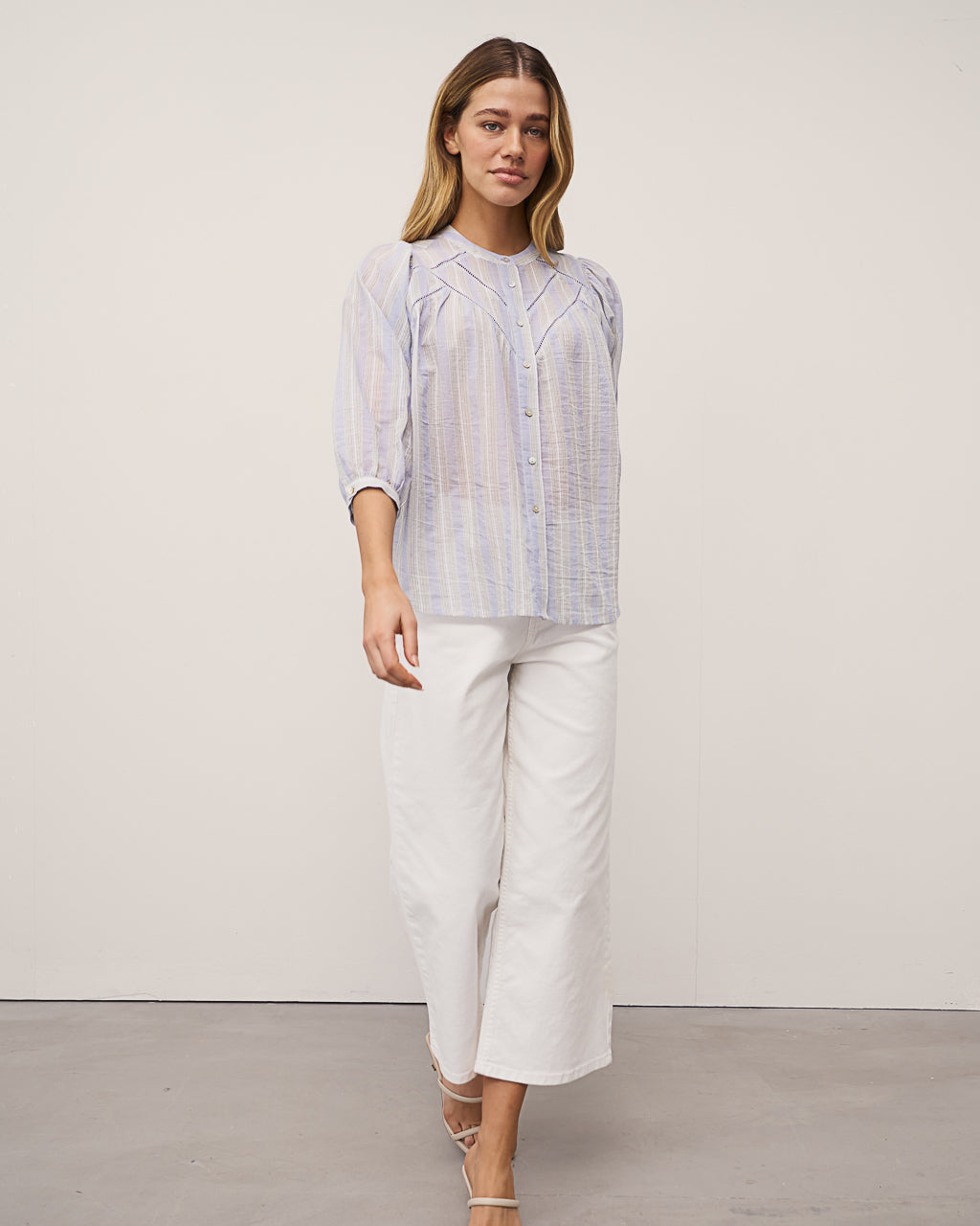 0039 Italy Faviola Fancy Blouse - Blue / White Women's Tops - Sloane Boutique