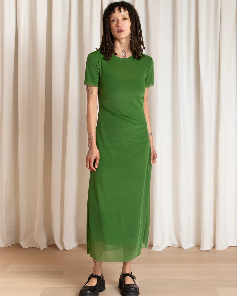 Ali Golden Fitted Mesh T-Shirt Dress - Grass Green Dresses - Sloane Boutique