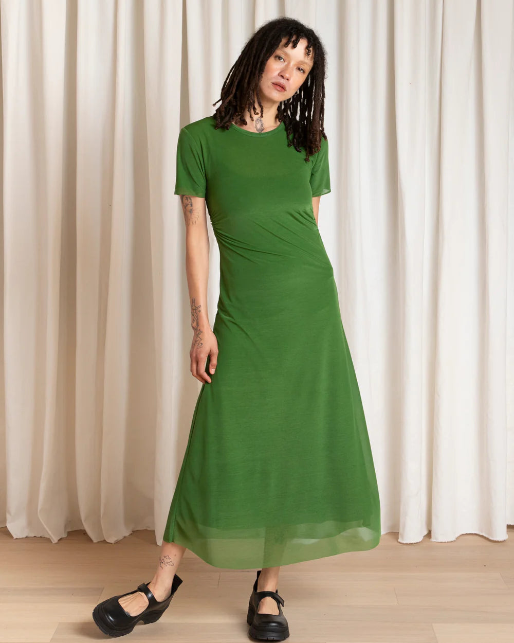 Ali Golden Fitted Mesh T-Shirt Dress - Grass Green Dresses - Sloane Boutique