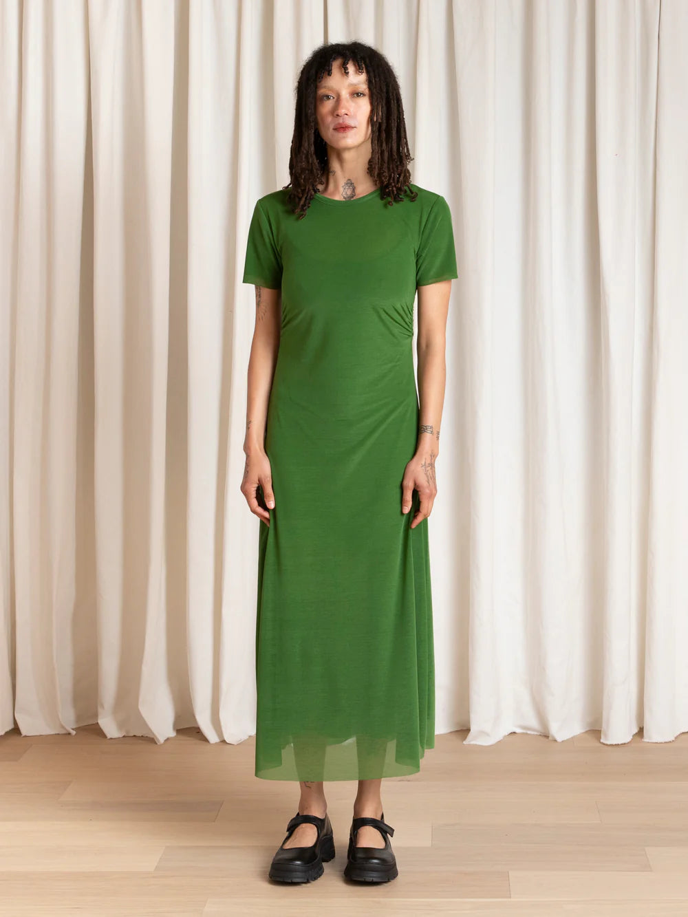 Ali Golden Fitted Mesh T-Shirt Dress - Grass Green Dresses - Sloane Boutique