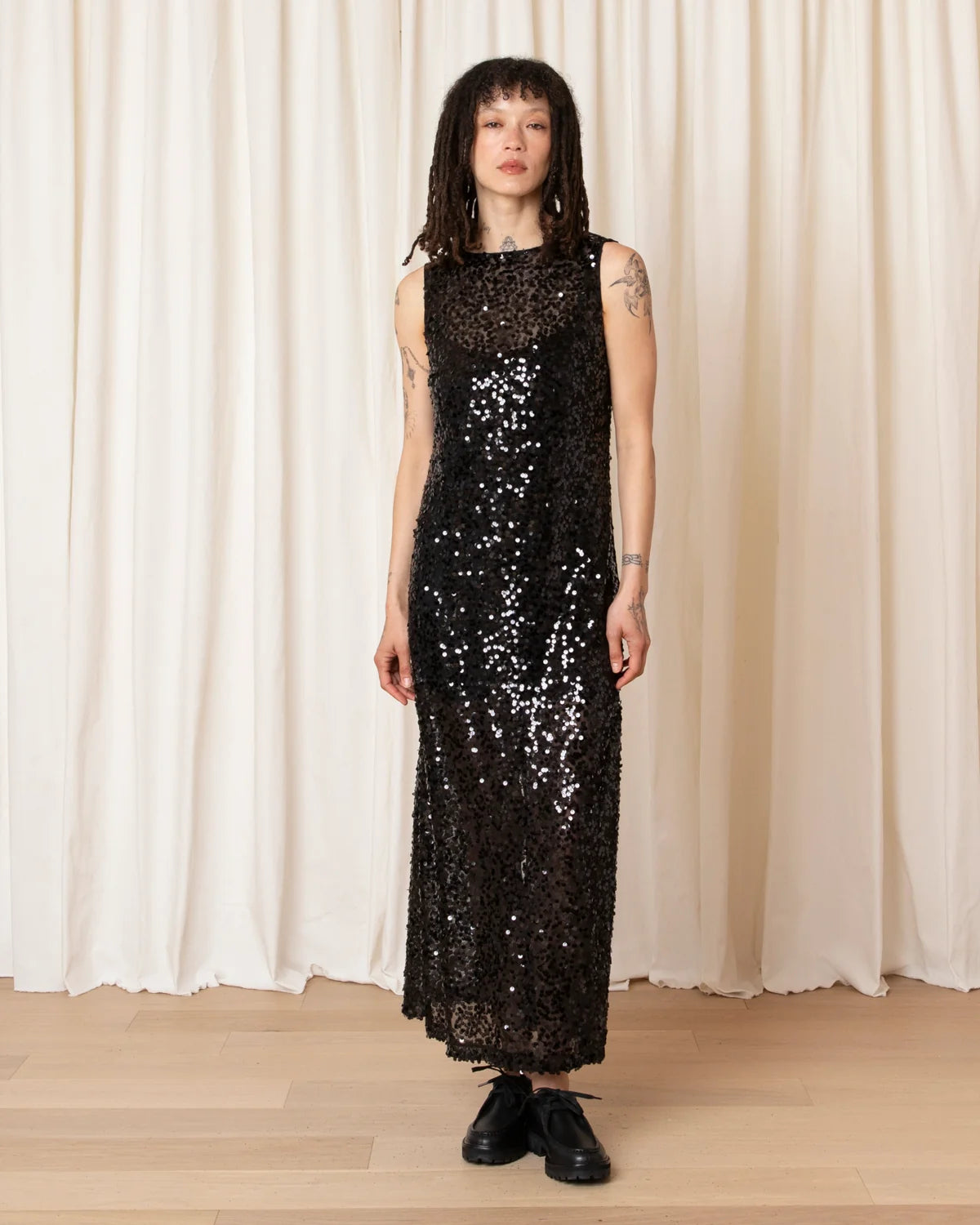 Ali Golden High Neck Low Back Dress - Black Sequins Dresses - Sloane Boutique