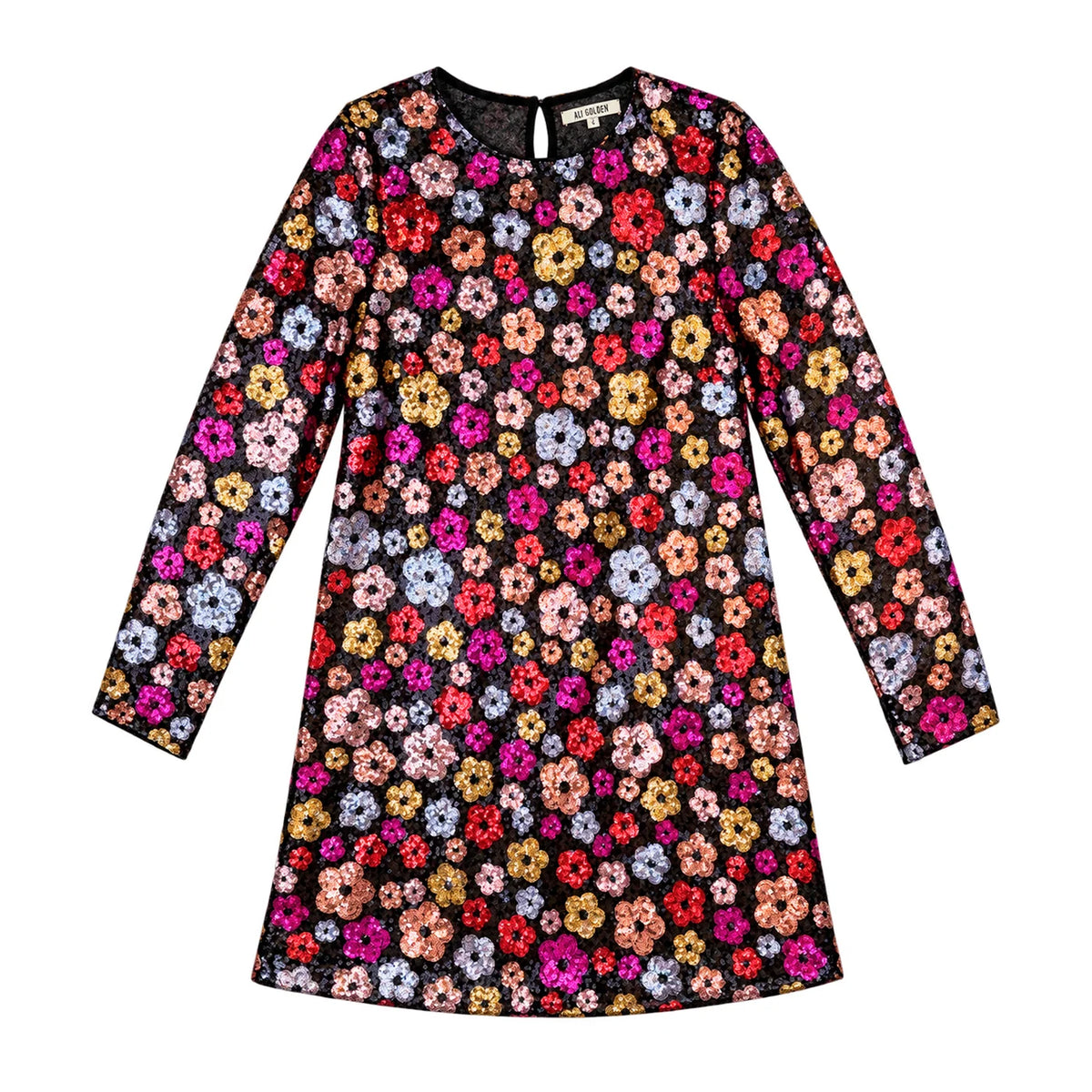 Ali Golden Long Sleeve Shift Dress - Flower Sequins Dresses - Sloane Boutique