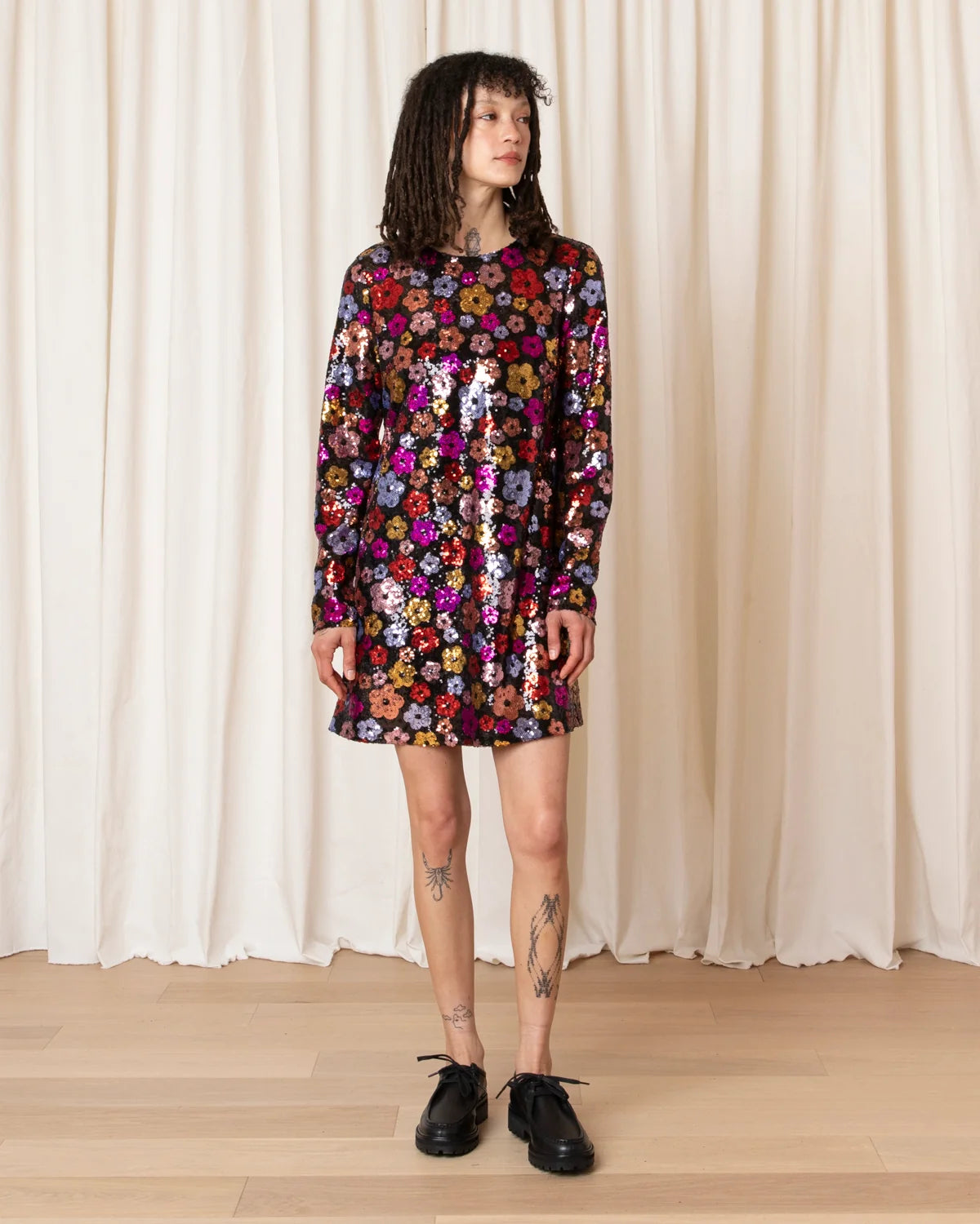 Ali Golden Long Sleeve Shift Dress - Flower Sequins Dresses - Sloane Boutique