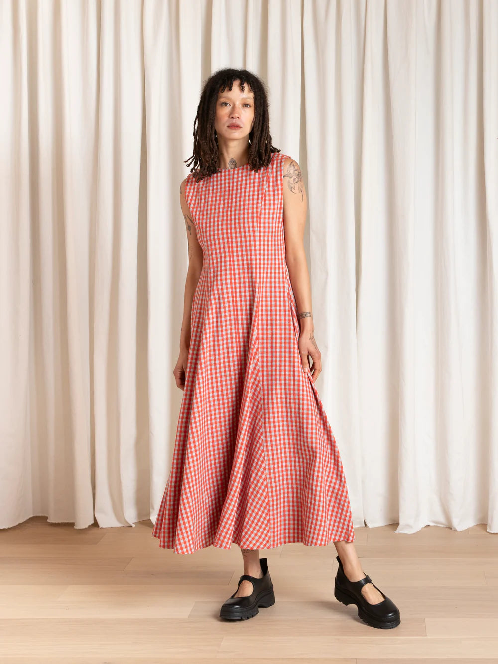 Ali Golden Paneled Midi Dress - Poppy / Fuck Ice Gingham Dresses - Sloane Boutique