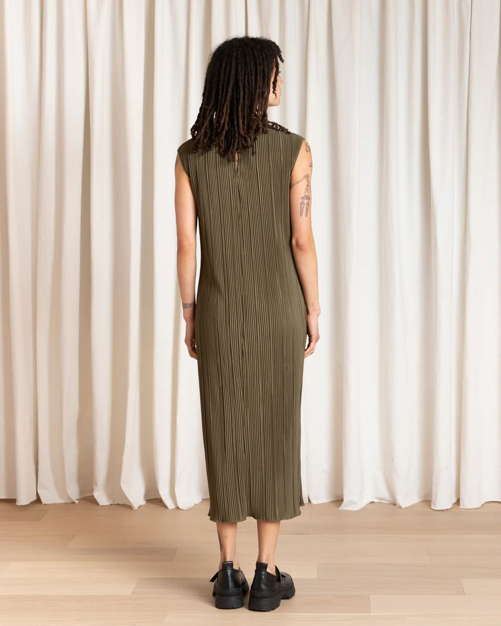 Ali Golden Pleated High Neck Dress - Olive Dresses - Sloane Boutique