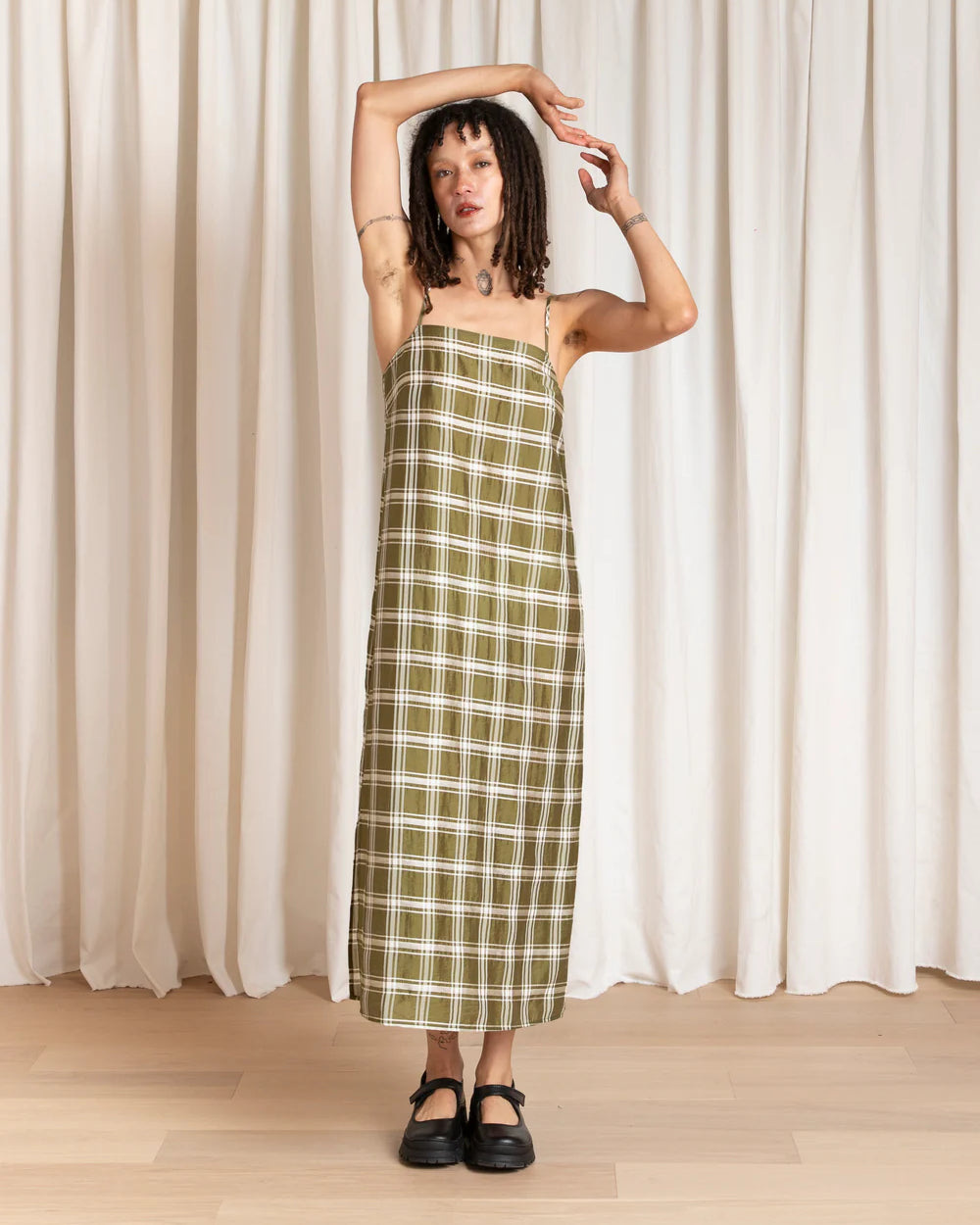 Ali Golden Square Neck Slip Dress - Olive Plaid Dresses - Sloane Boutique