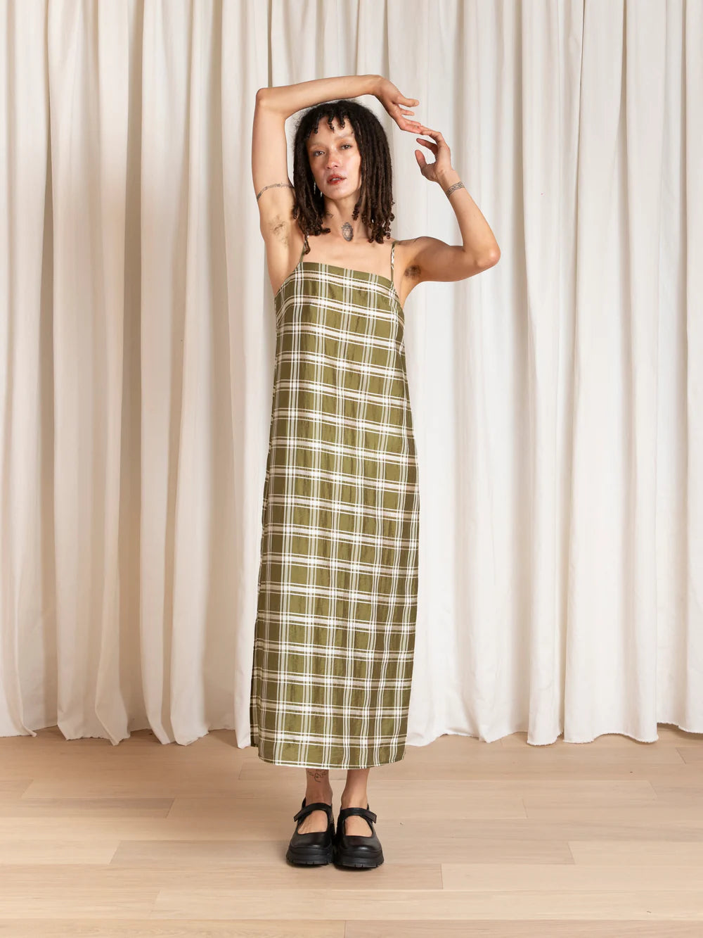 Ali Golden Square Neck Slip Dress - Olive Plaid Dresses - Sloane Boutique