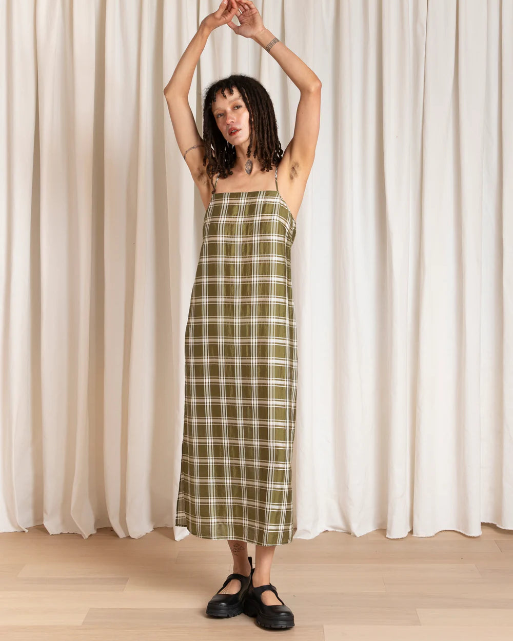 Ali Golden Square Neck Slip Dress - Olive Plaid Dresses - Sloane Boutique