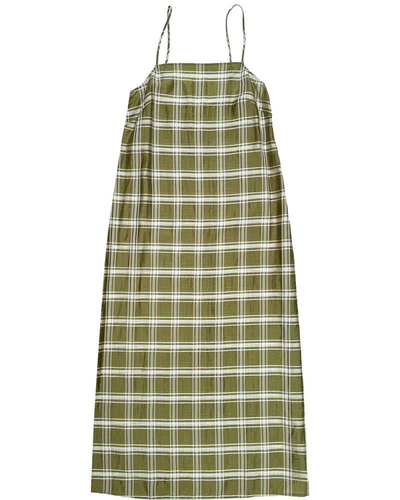 Ali Golden Square Neck Slip Dress - Olive Plaid Dresses - Sloane Boutique