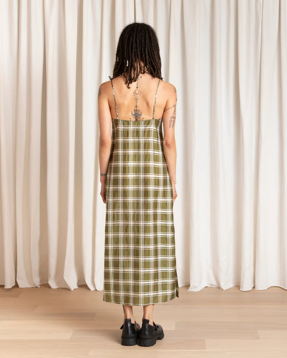 Ali Golden Square Neck Slip Dress - Olive Plaid Dresses - Sloane Boutique