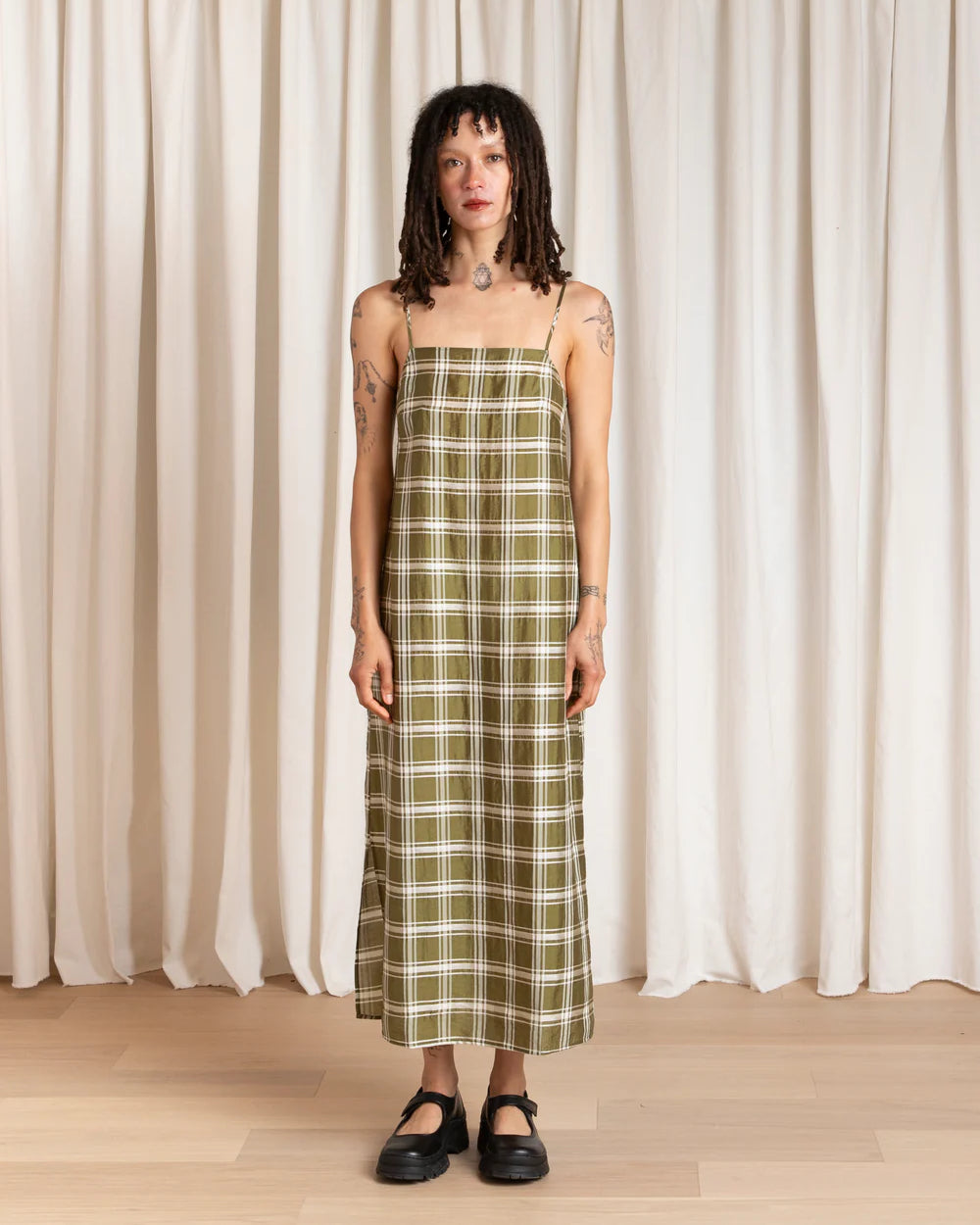 Ali Golden Square Neck Slip Dress - Olive Plaid Dresses - Sloane Boutique