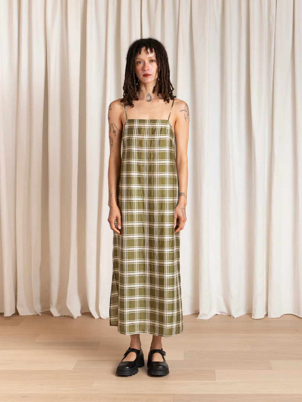 Ali Golden Square Neck Slip Dress - Olive Plaid Dresses - Sloane Boutique