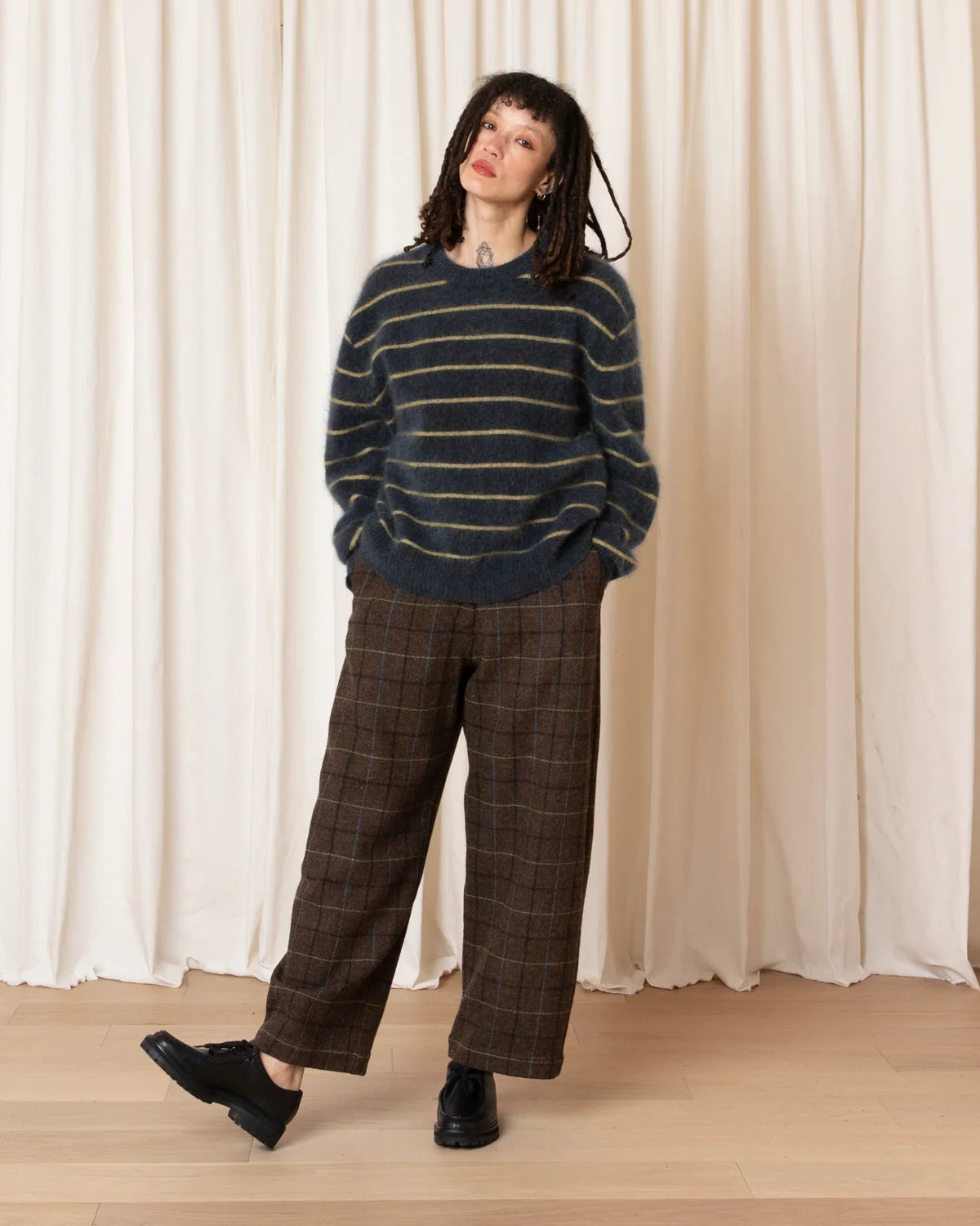 Ali Golden Wool Loose Barrel Pant - Taupe Multicolor Plaid Women's Bottoms - Sloane Boutique
