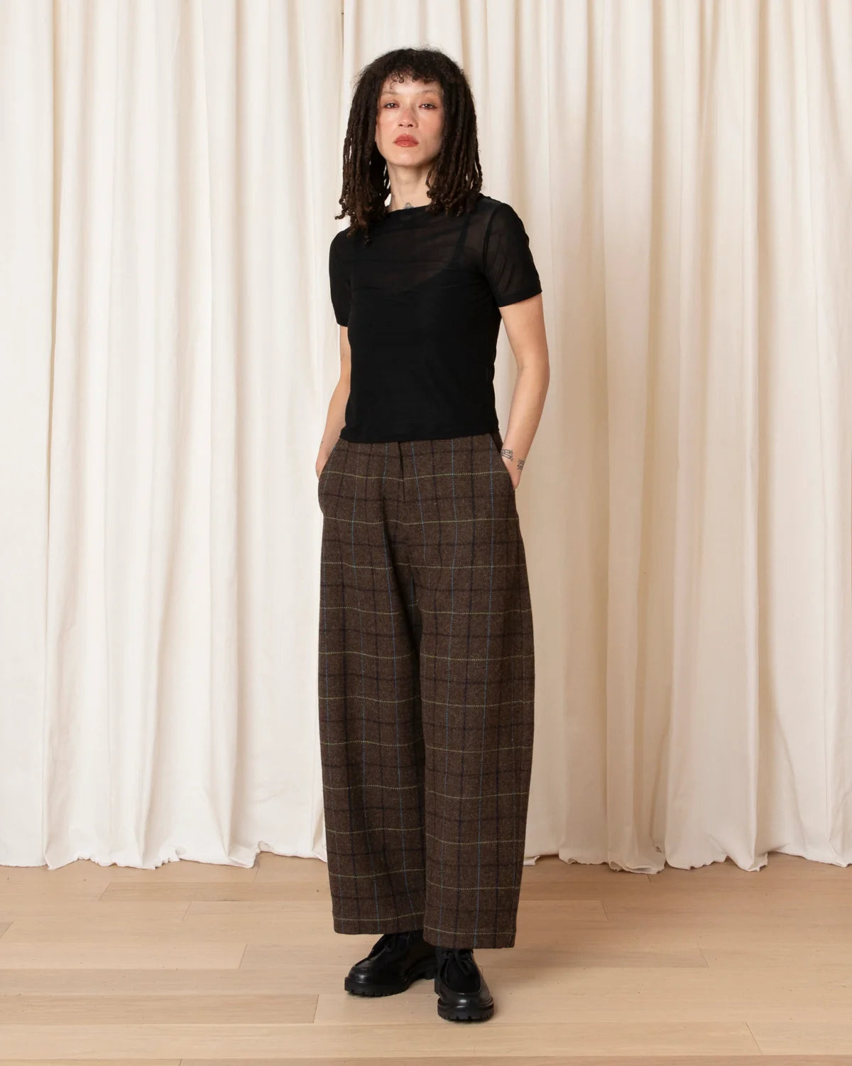 Ali Golden Wool Loose Barrel Pant - Taupe Multicolor Plaid Women's Bottoms - Sloane Boutique