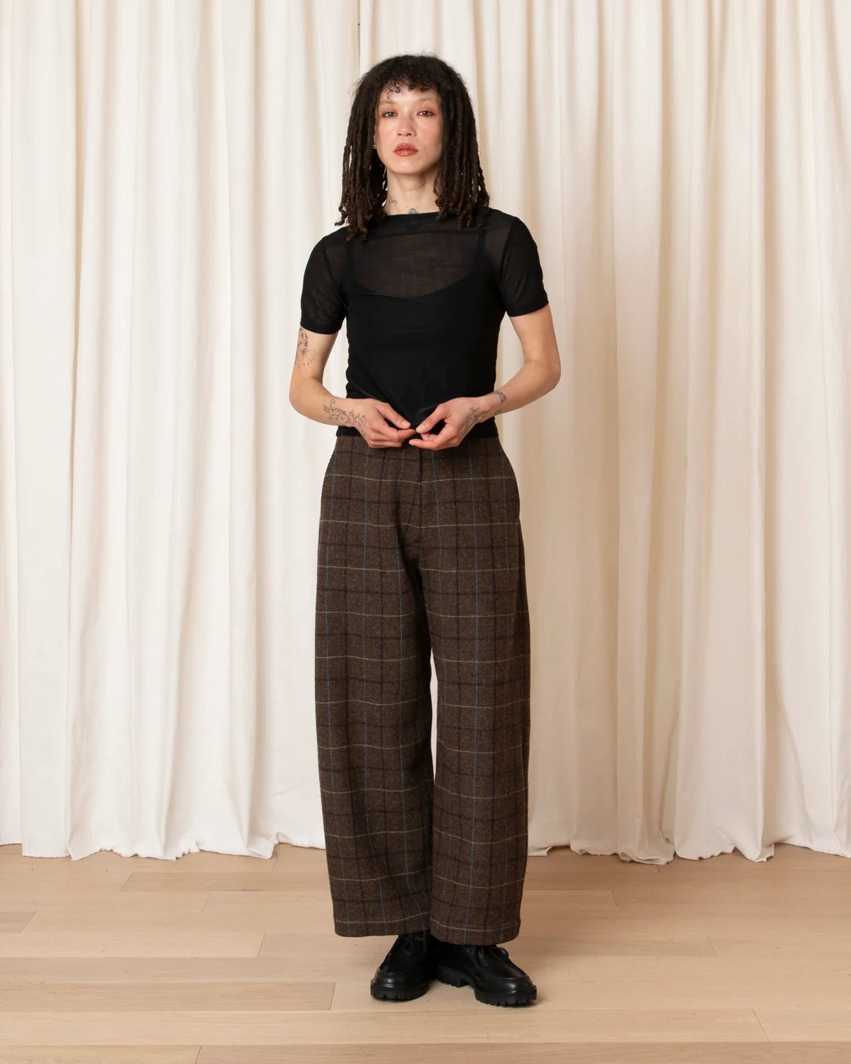 Ali Golden Wool Loose Barrel Pant - Taupe Multicolor Plaid Women's Bottoms - Sloane Boutique