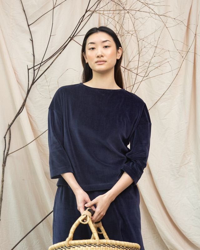 Beaumont Organic Divya Organic Cotton Velour Top - Night Sky Navy Women's Tops - Sloane Boutique