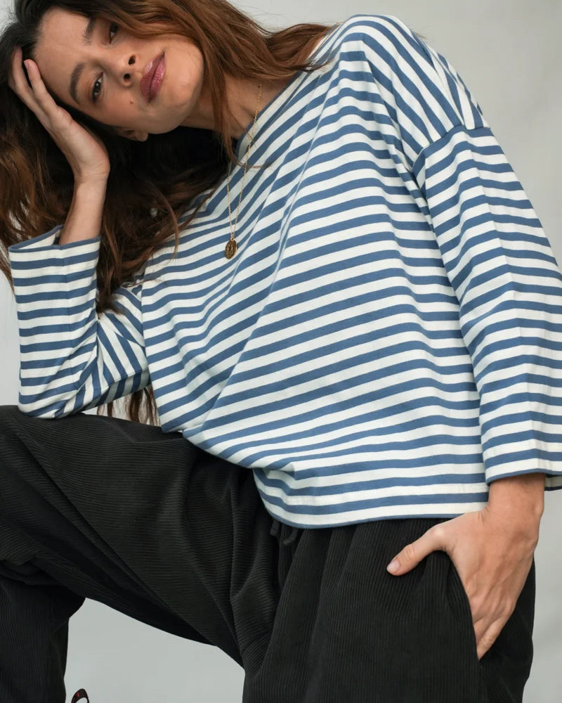 Beaumont Organic Leia-Sue Jersey Top - Pewter and Off-White Stripe Women's Tops - Sloane Boutique