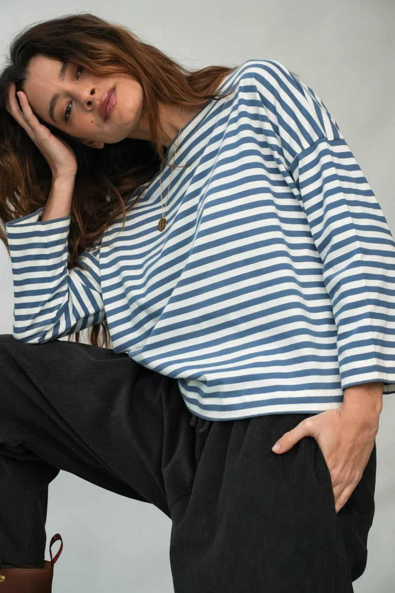 Beaumont Organic Leia-Sue Jersey Top - Pewter and Off-White Stripe Women's Tops - Sloane Boutique