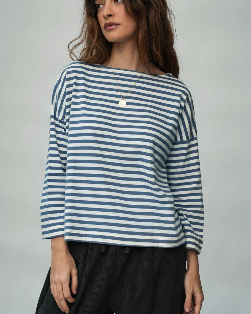 Beaumont Organic Leia-Sue Jersey Top - Pewter and Off-White Stripe Women's Tops - Sloane Boutique