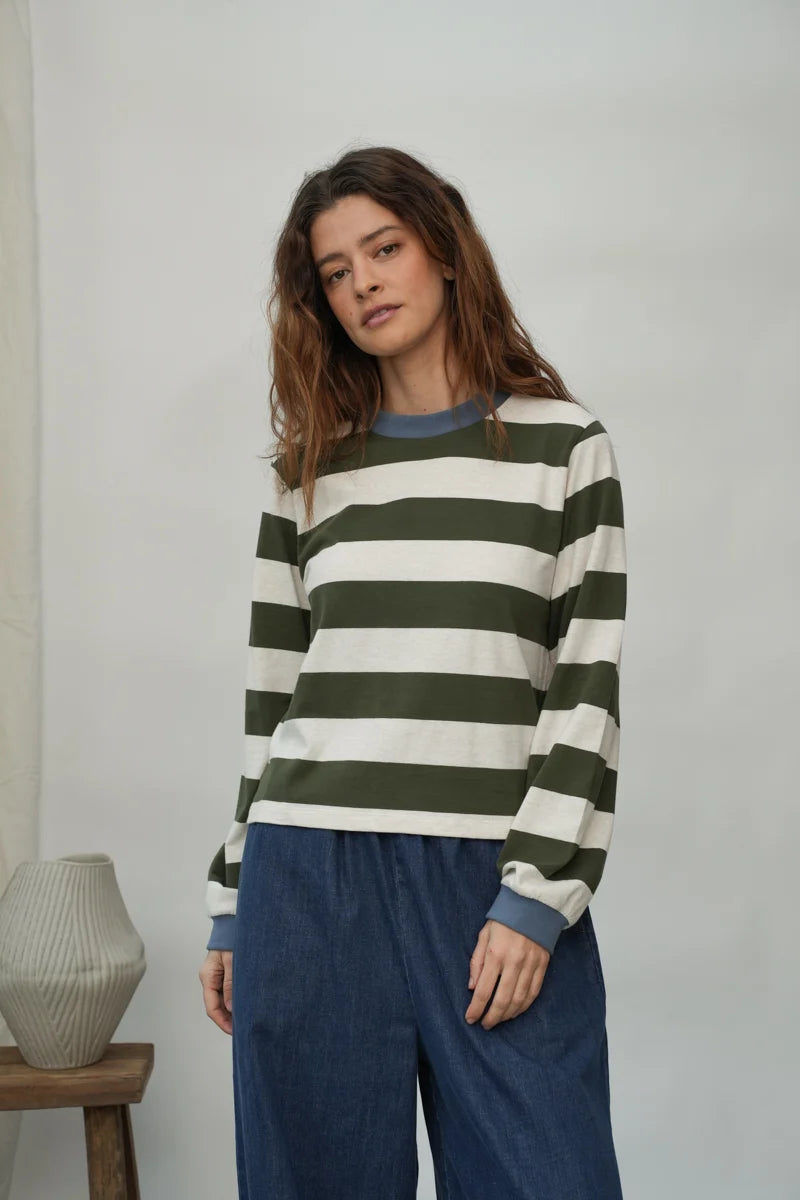 Beaumont Organic Sierra-Sue Jersey Top - Olive and Ecru Marl Stripe Women's Tops - Sloane Boutique