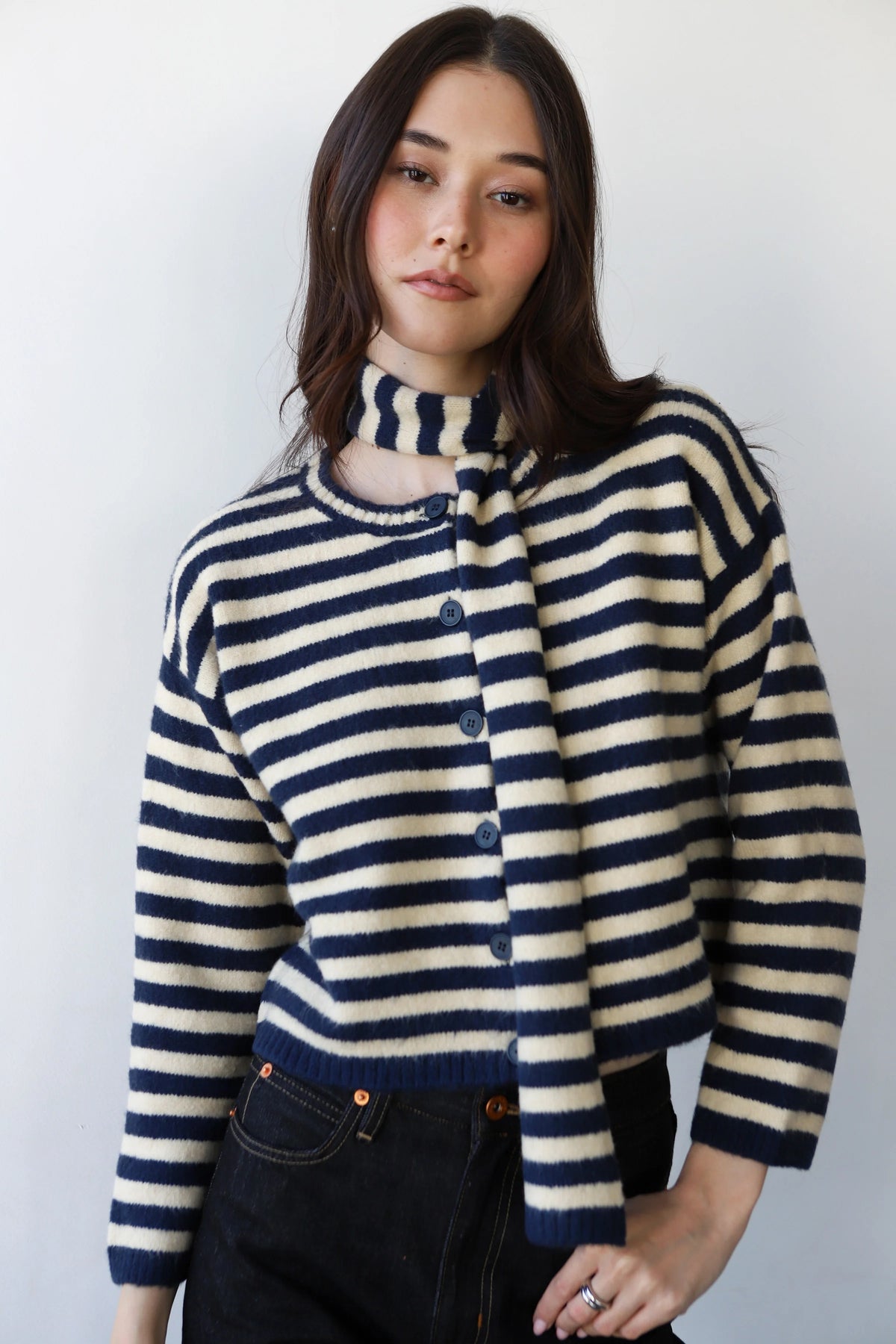Callahan Jane Cardigan & Scarf - Navy & Creme Stripe Women's Tops - Sloane Boutique