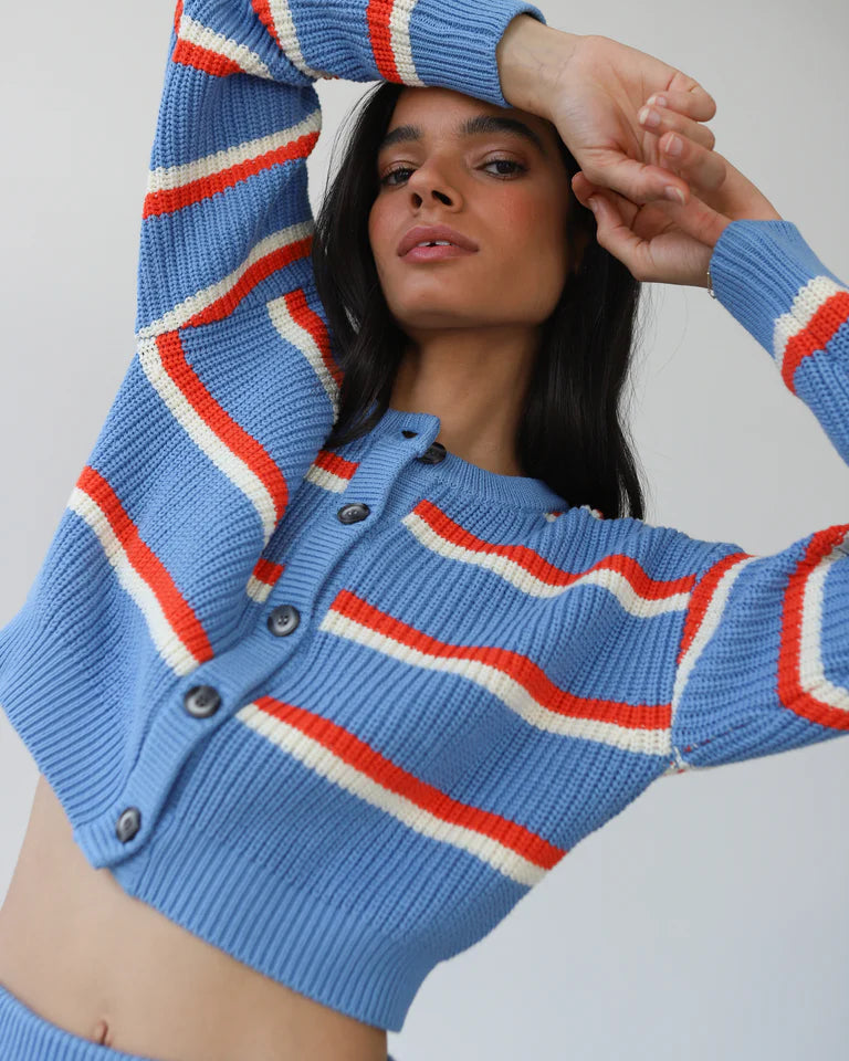 Callahan Knitwear Fiona Cardigan - Capri Blue Stripe Women's Tops - Sloane Boutique