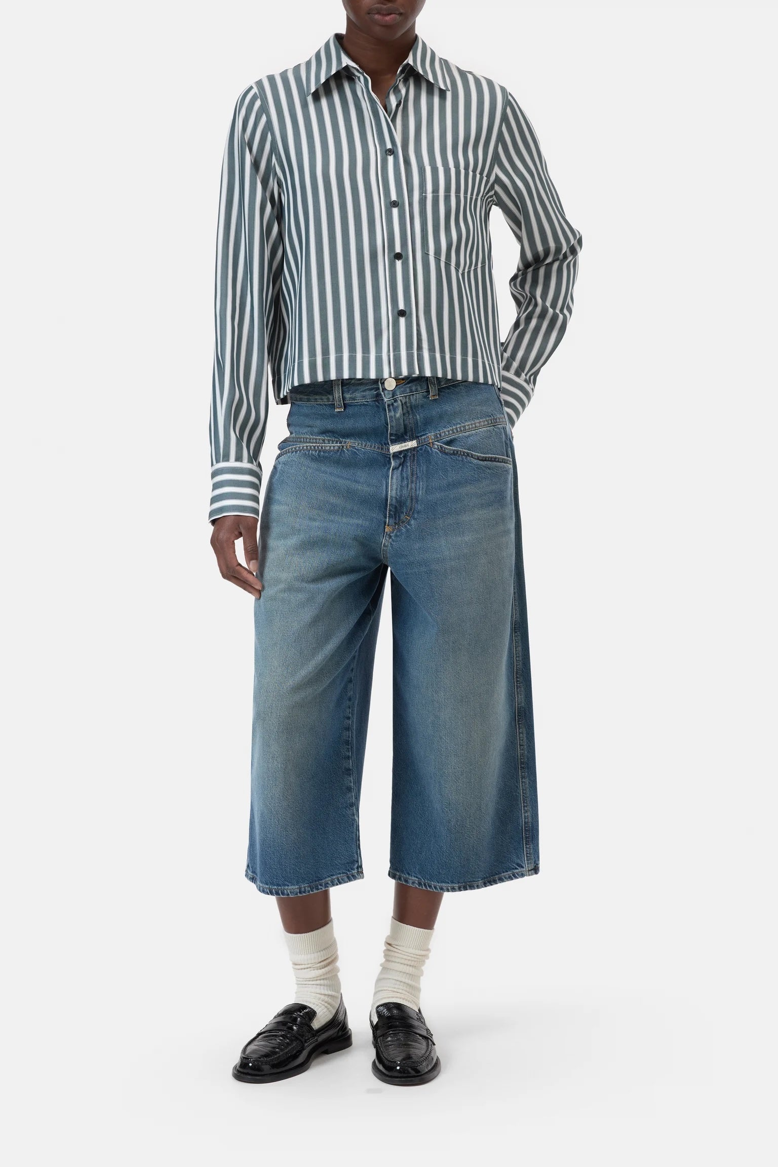 Closed Cropped Classic Shirt - Royal Green Women's Tops - Sloane Boutique