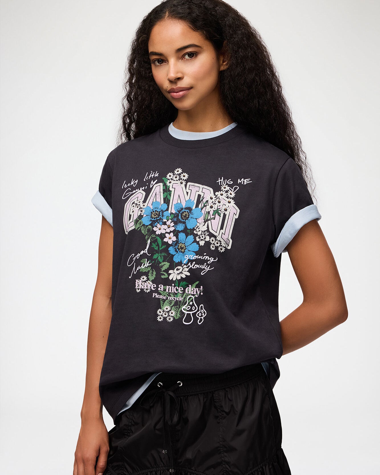 Ganni Basic Cotton Relaxed T-Shirt - Phantom Flower Women's Tops - Sloane Boutique