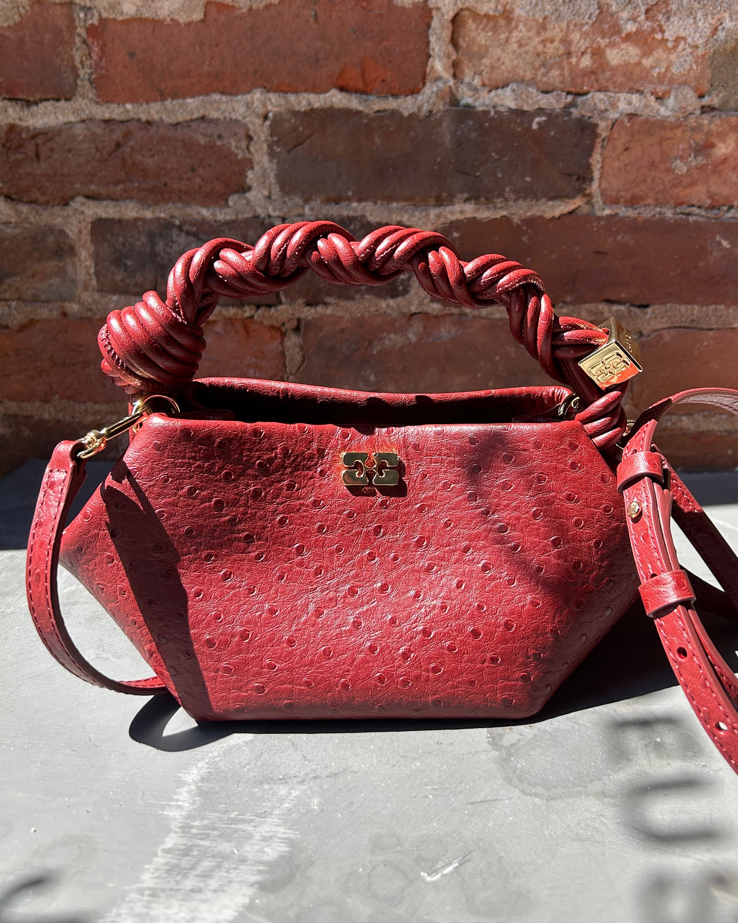 GANNI Bou Mini Ostrich - Brick Red Handbags - Sloane Boutique