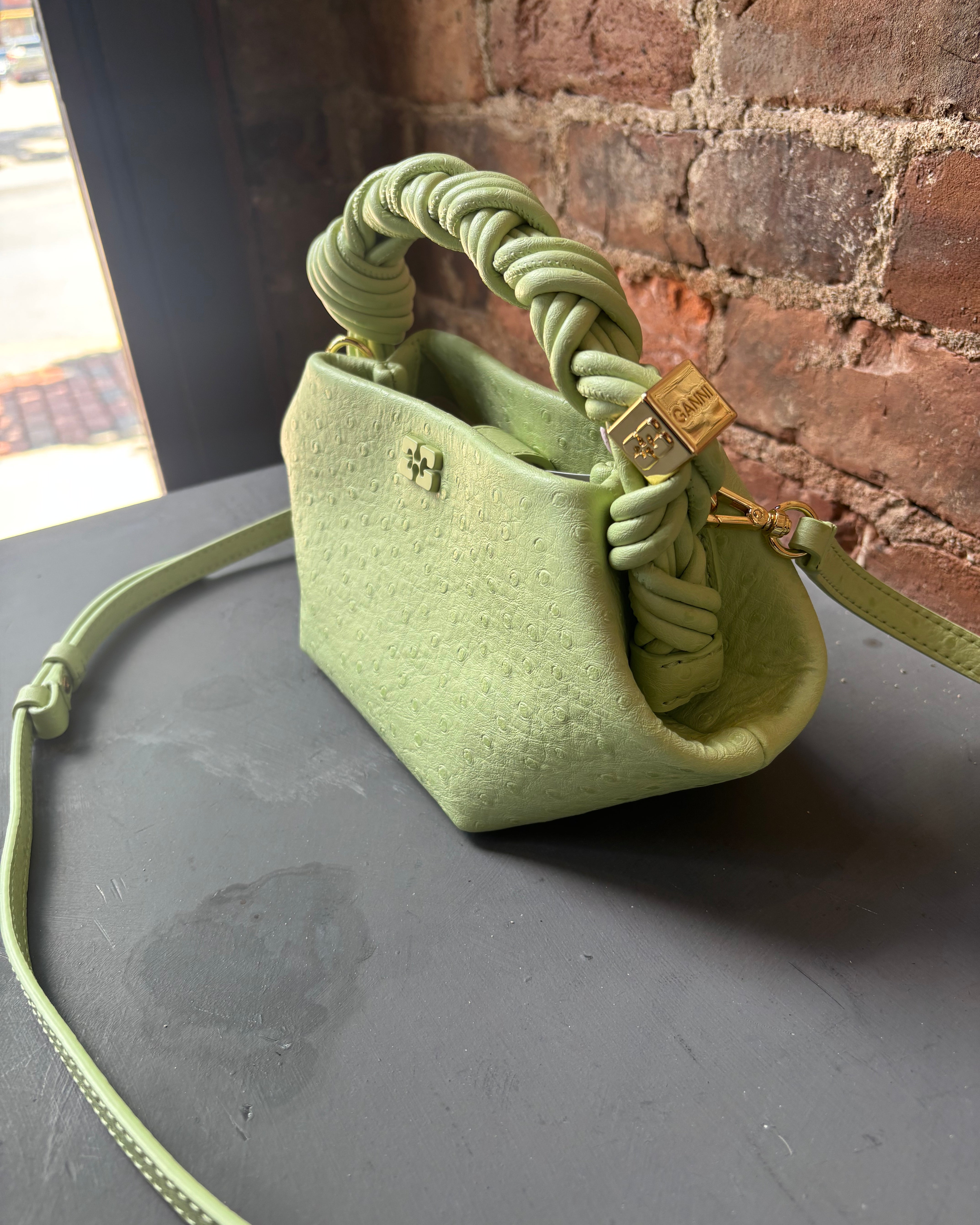 GANNI Bou Mini Ostrich - Lily Green Handbags - Sloane Boutique