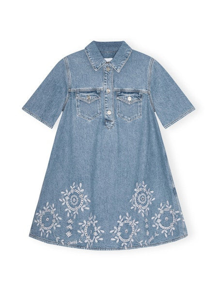 Ganni Broderie Anglaise Denim Mini - Light Blue Stone sale dresses - Sloane Boutique