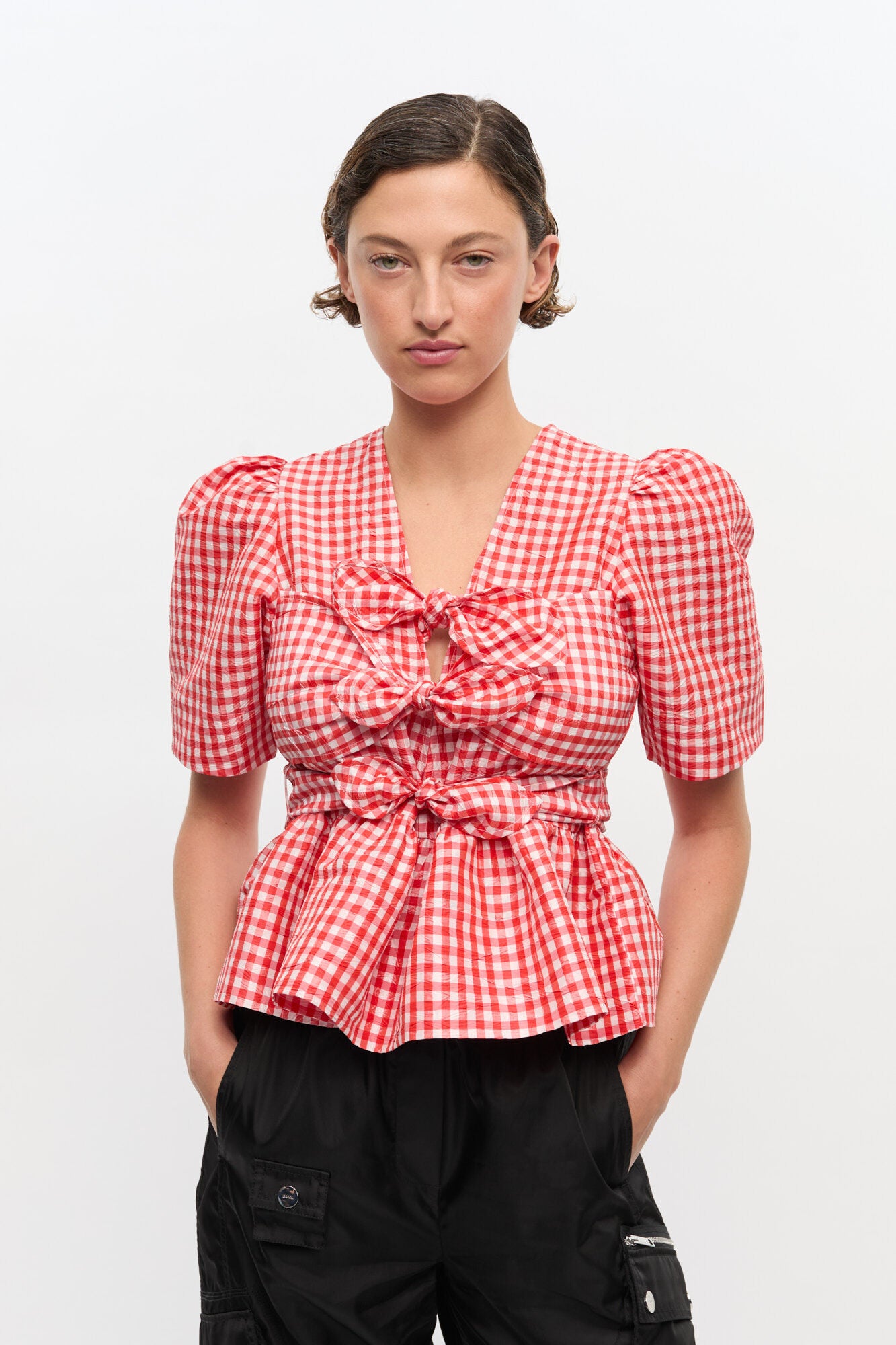 Ganni Crinkled Taffeta Tie Strap Blouse - Red Alert Women's Tops - Sloane Boutique