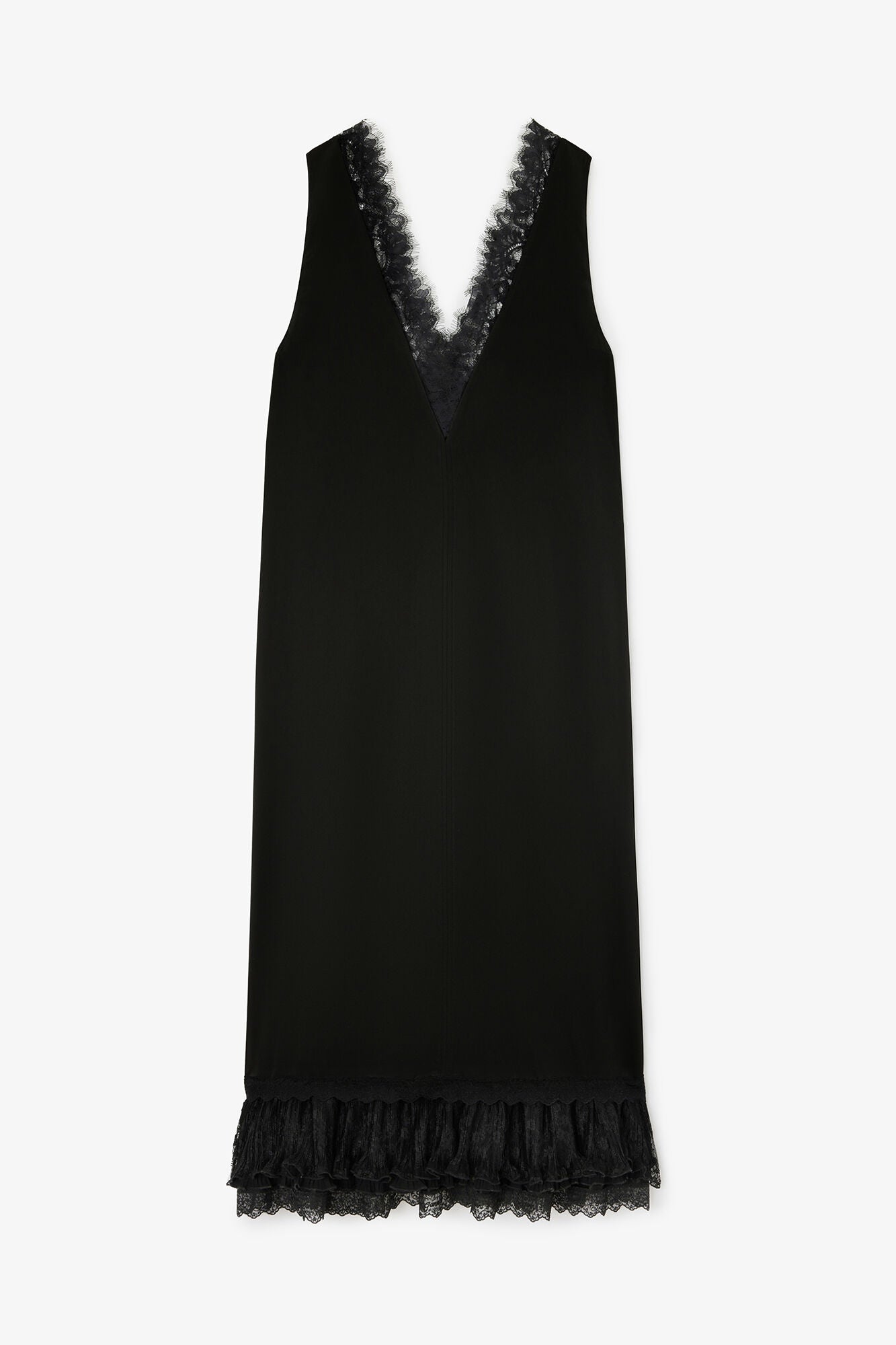 Ganni Fluid Satin V-Neck Lace Dress - Black Dresses - Sloane Boutique