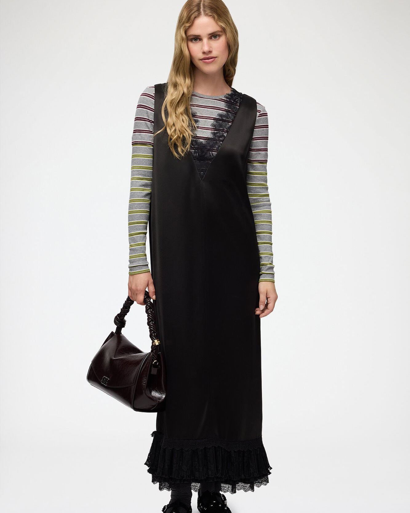 Ganni Fluid Satin V-Neck Lace Dress - Black Dresses - Sloane Boutique