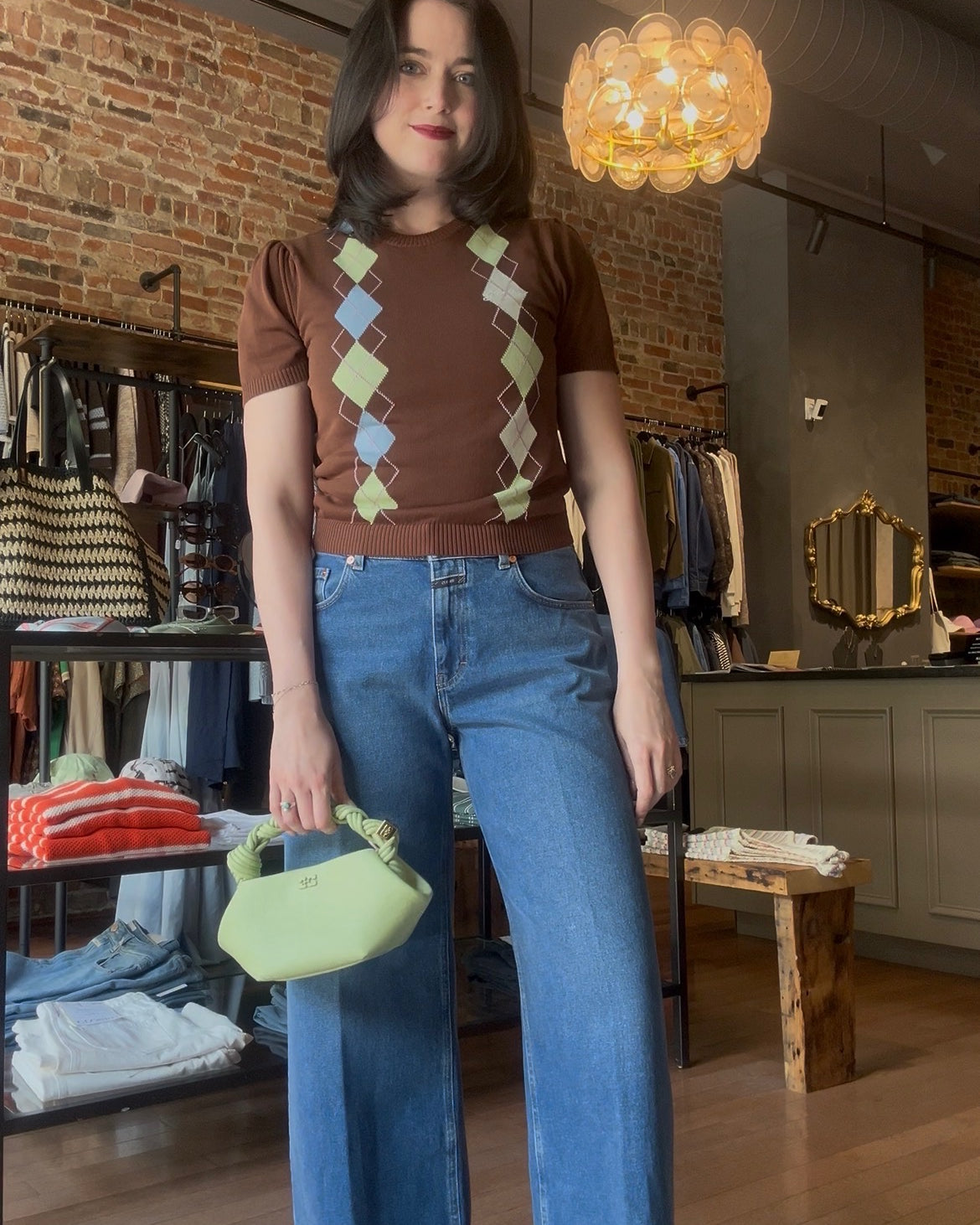 GANNI Light Cotton Argyle T-Shirt - Tiramisu Women's Tops - Sloane Boutique