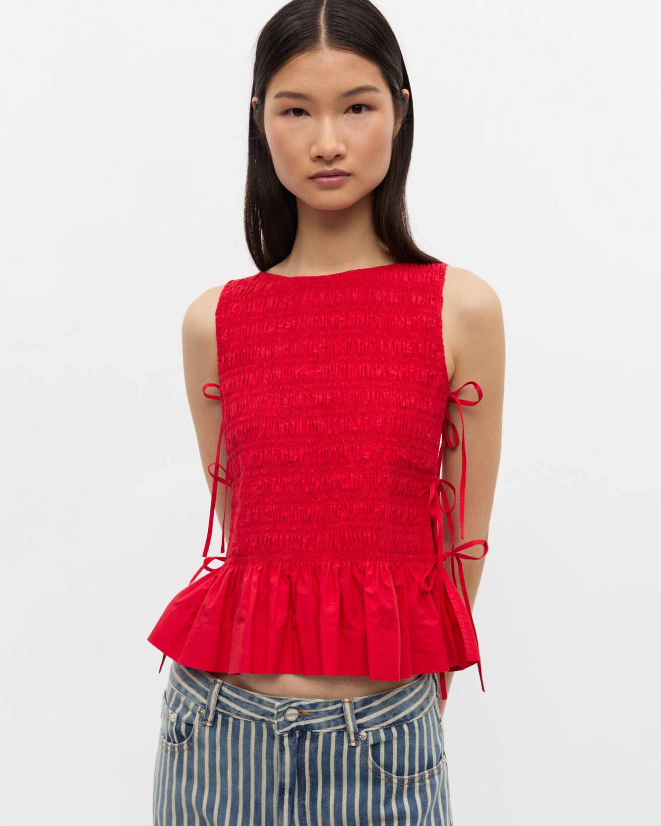 Ganni Poplin Smock Tie String Top - Racing Red Women's Tops - Sloane Boutique