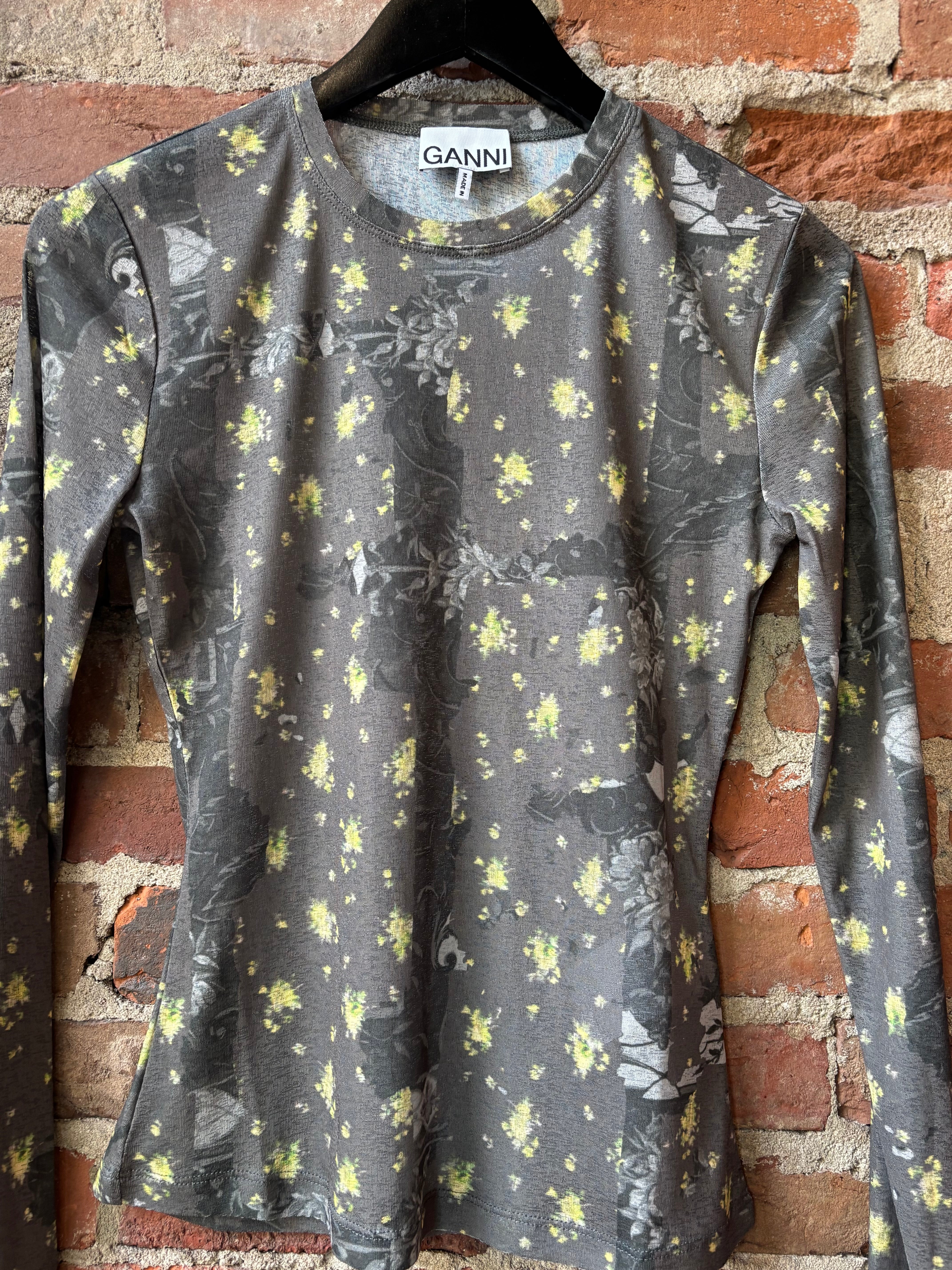 GANNI Printed Marl Mesh Long Sleeve Top - Black Sand Women's Tops - Sloane Boutique