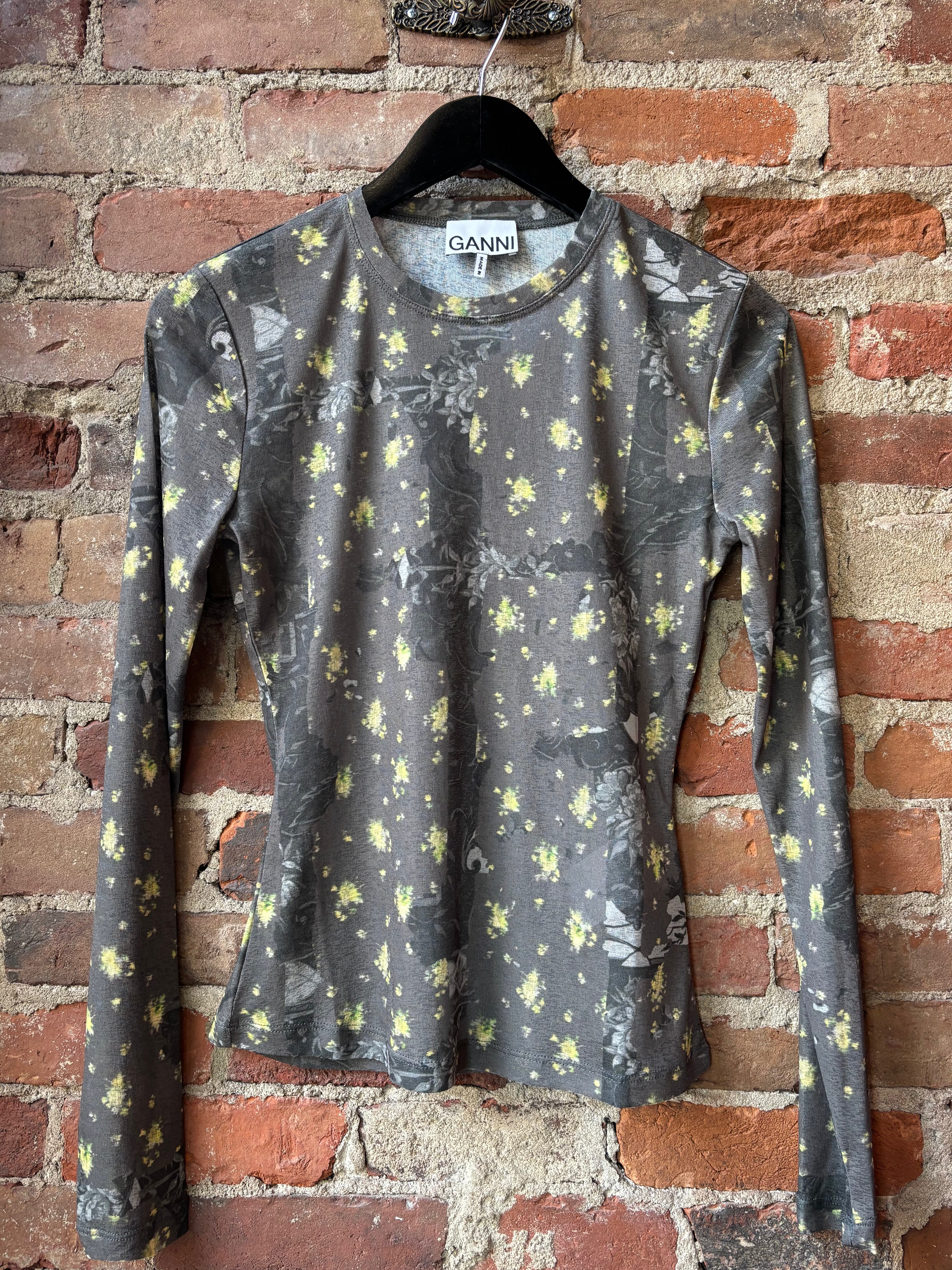 GANNI Printed Marl Mesh Long Sleeve Top - Black Sand Women's Tops - Sloane Boutique