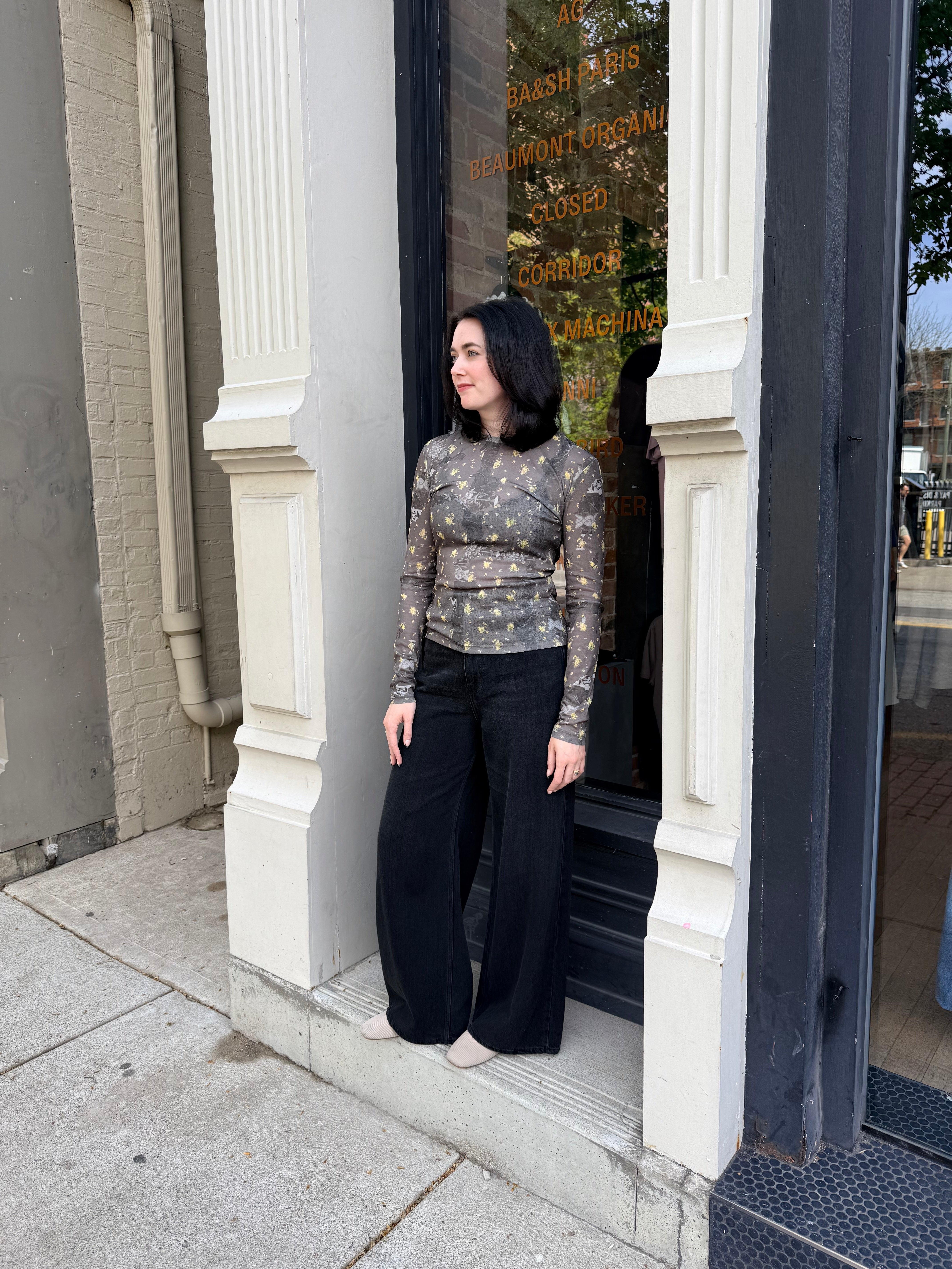 GANNI Printed Marl Mesh Long Sleeve Top - Black Sand Women's Tops - Sloane Boutique