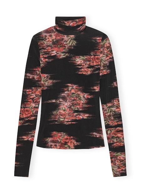 Ganni Printed Shiny Jersey Turtleneck - Black Women's Tops - Sloane Boutique