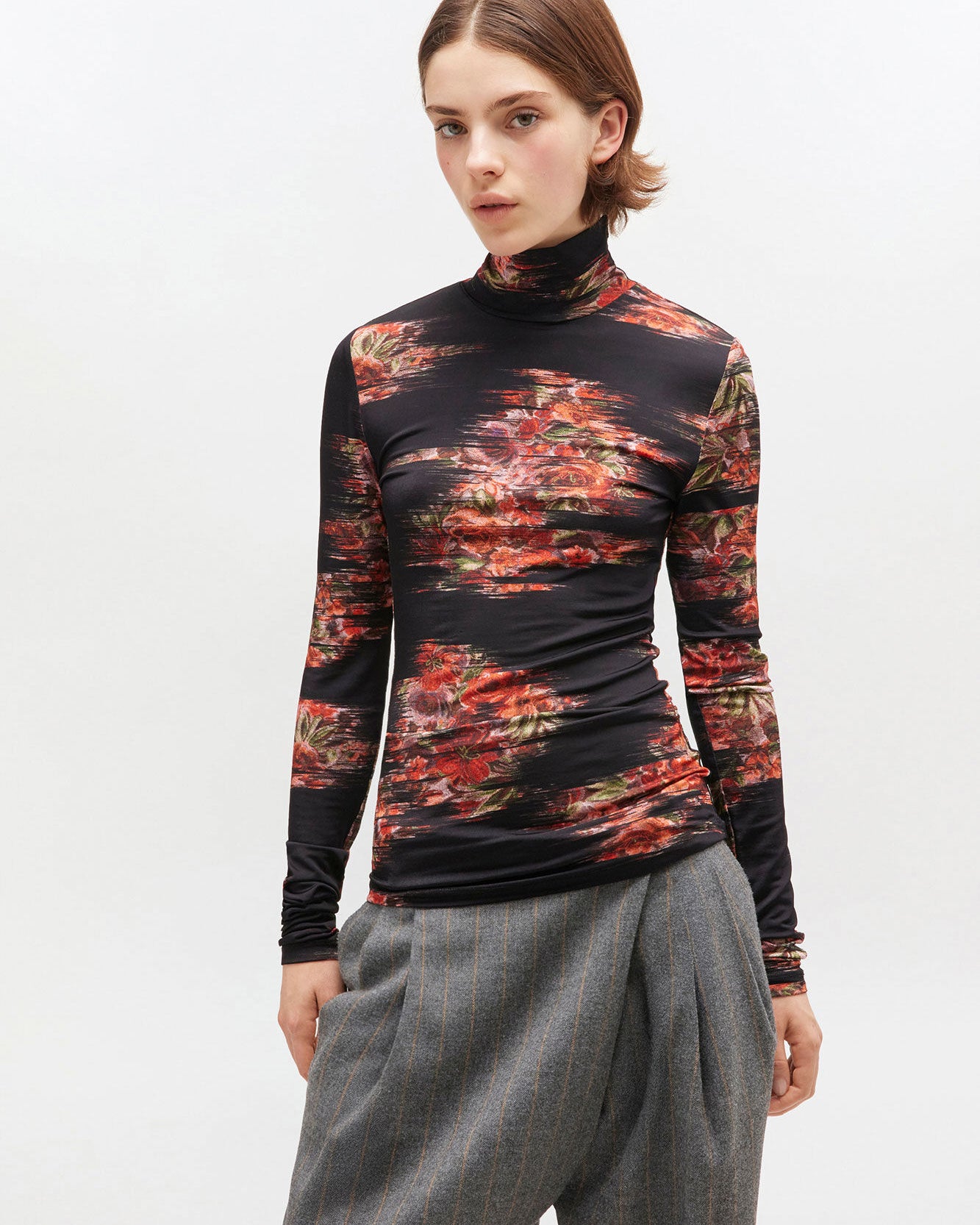 Ganni Printed Shiny Jersey Turtleneck - Black Women's Tops - Sloane Boutique