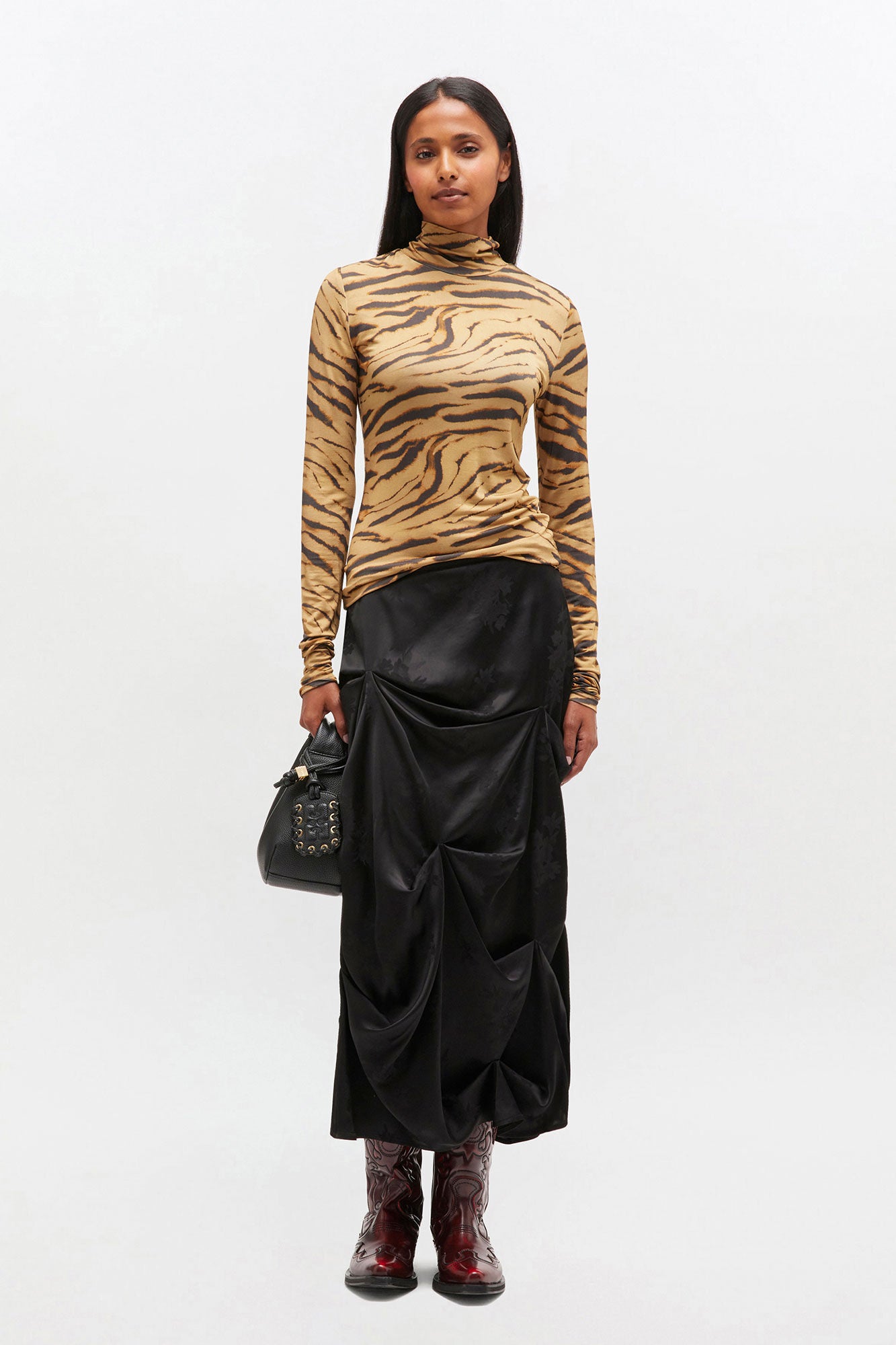 Ganni Printed Shiny Jersey Turtleneck - Khaki Women's Tops - Sloane Boutique