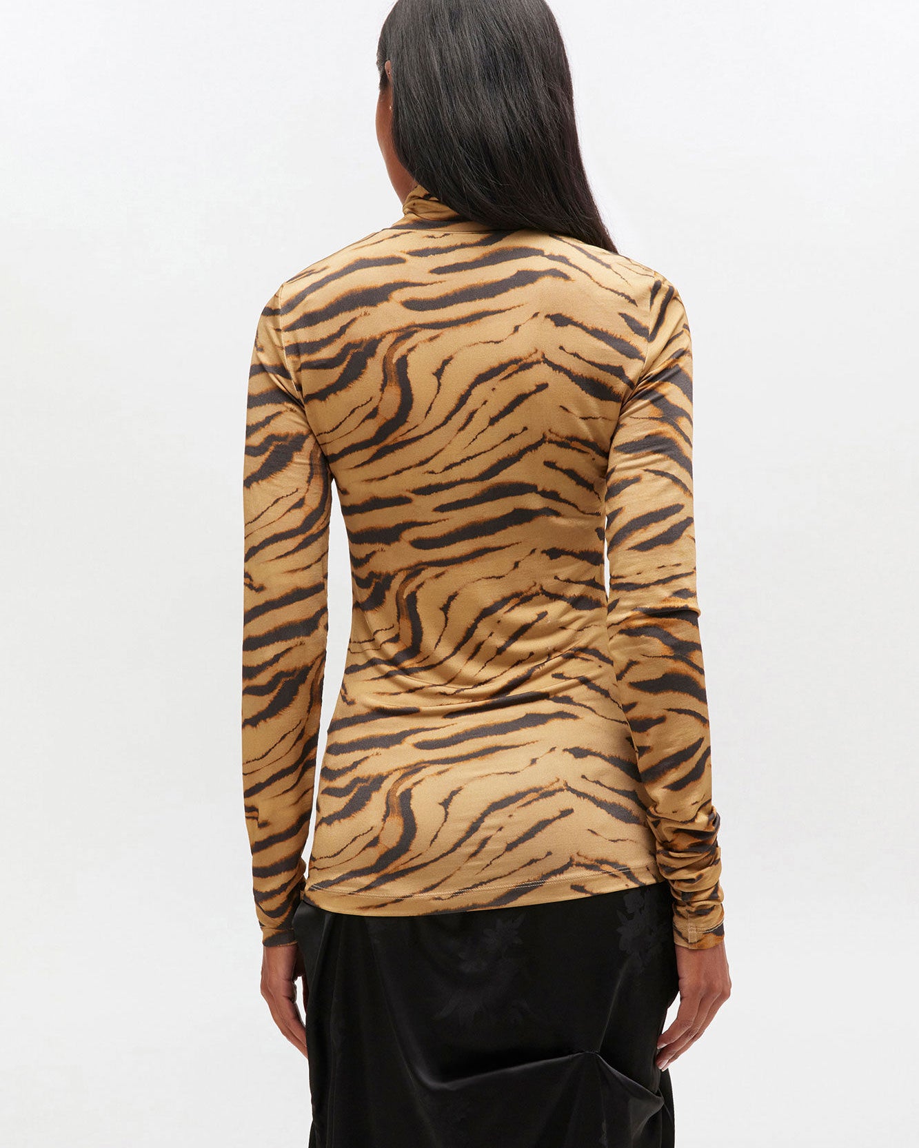 Ganni Printed Shiny Jersey Turtleneck - Khaki Women's Tops - Sloane Boutique