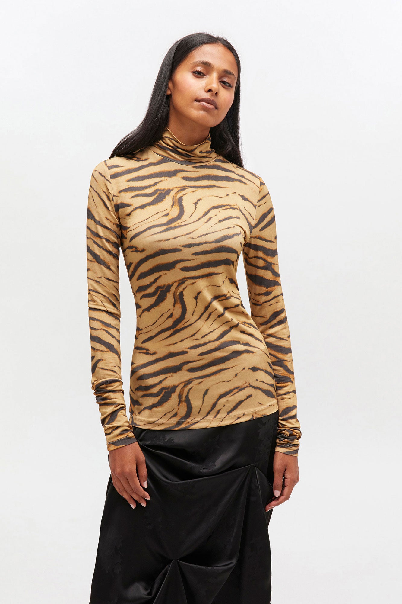 Ganni Printed Shiny Jersey Turtleneck - Khaki Women's Tops - Sloane Boutique