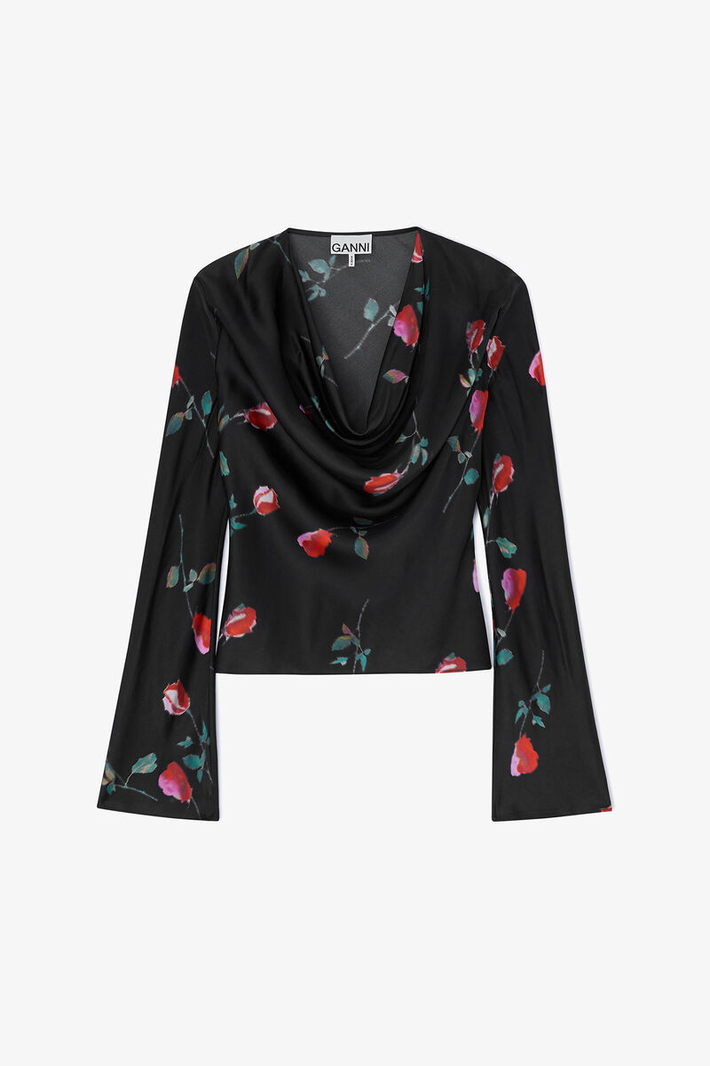 Ganni Printed Stretch Satin Blouse - Black Women's Tops - Sloane Boutique
