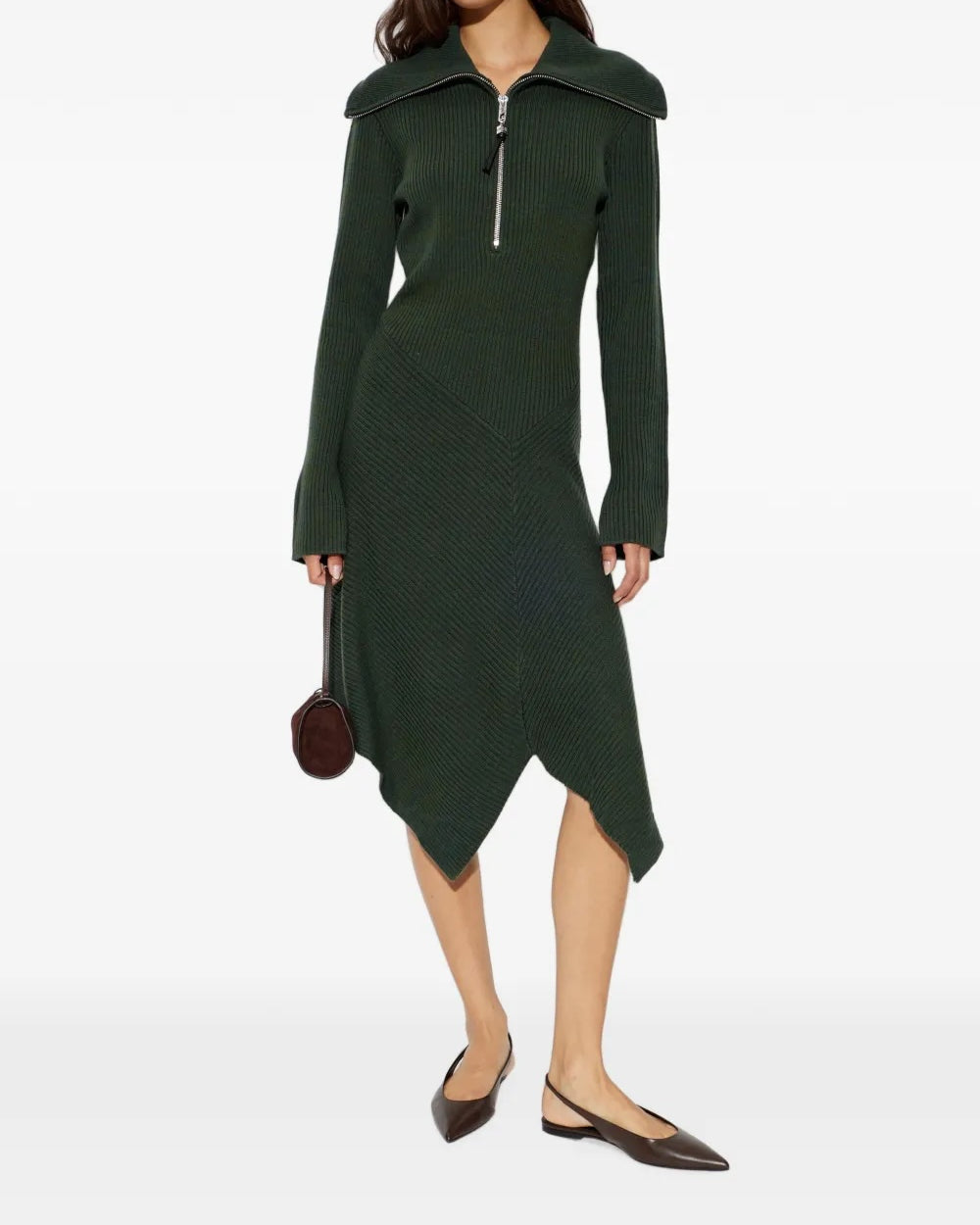 Ganni Ribbed Merino Zip Dress - Dark Green Dresses - Sloane Boutique