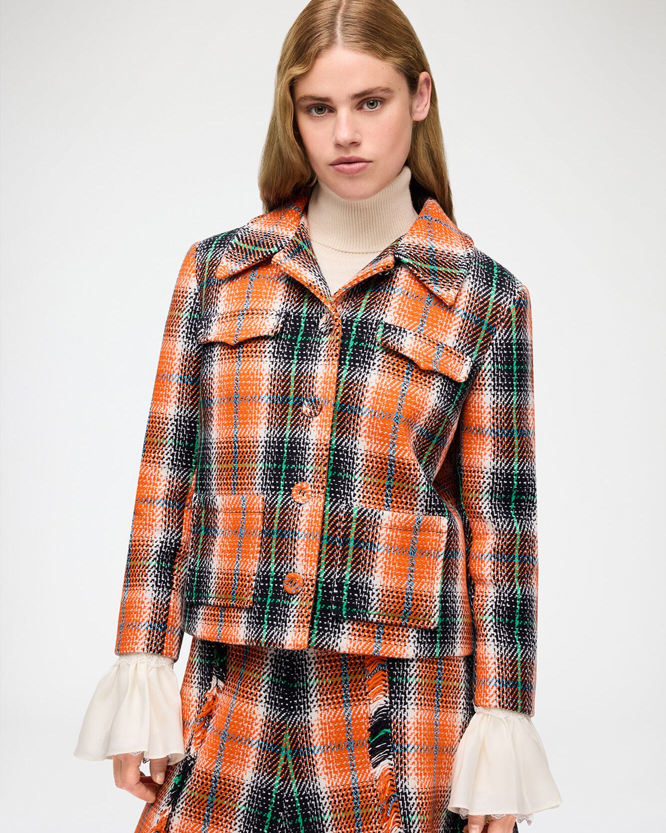 Ganni Wool Check Blazer - Mandarin Orange Outerwear - Sloane Boutique