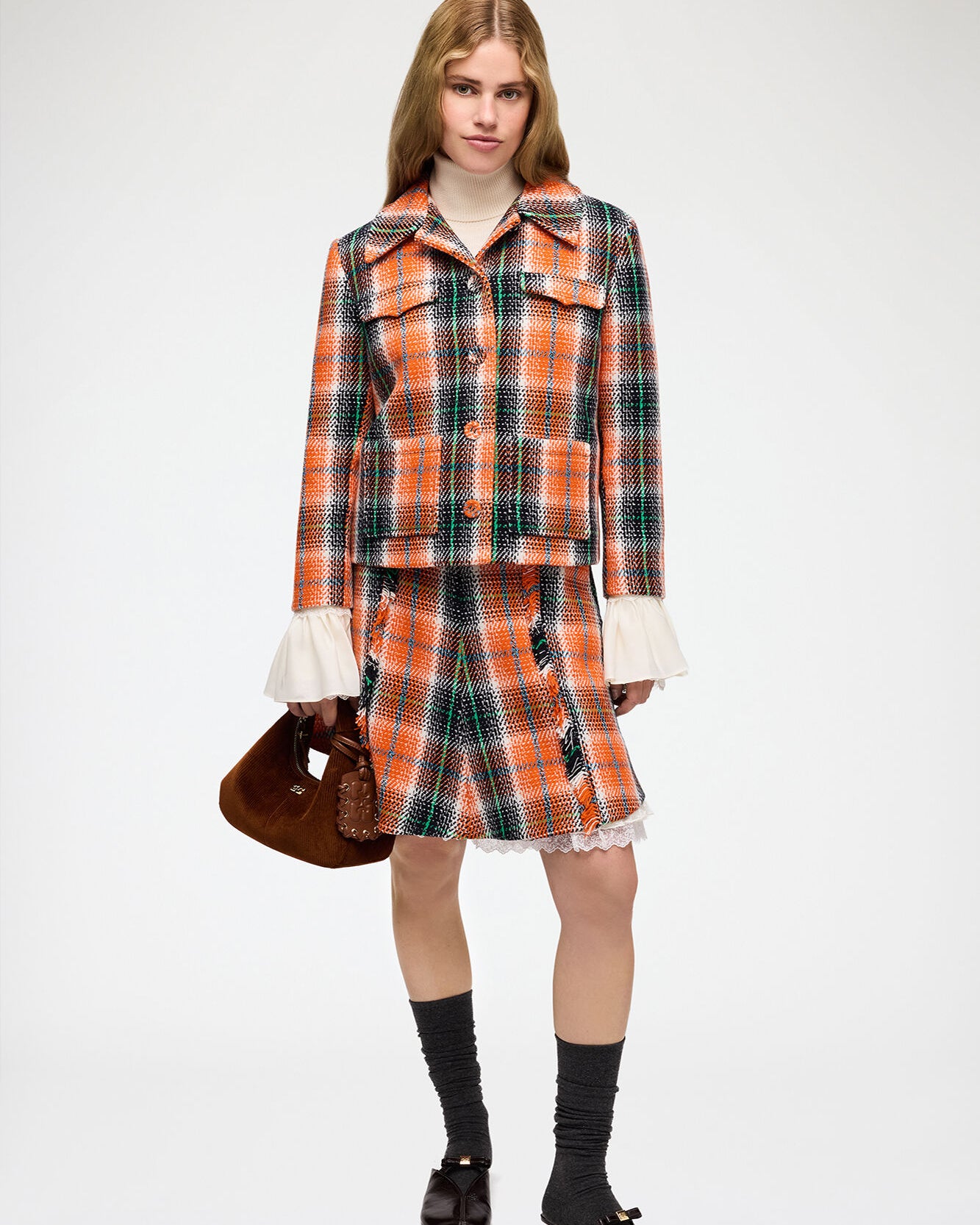 Ganni Wool Check Blazer - Mandarin Orange Outerwear - Sloane Boutique