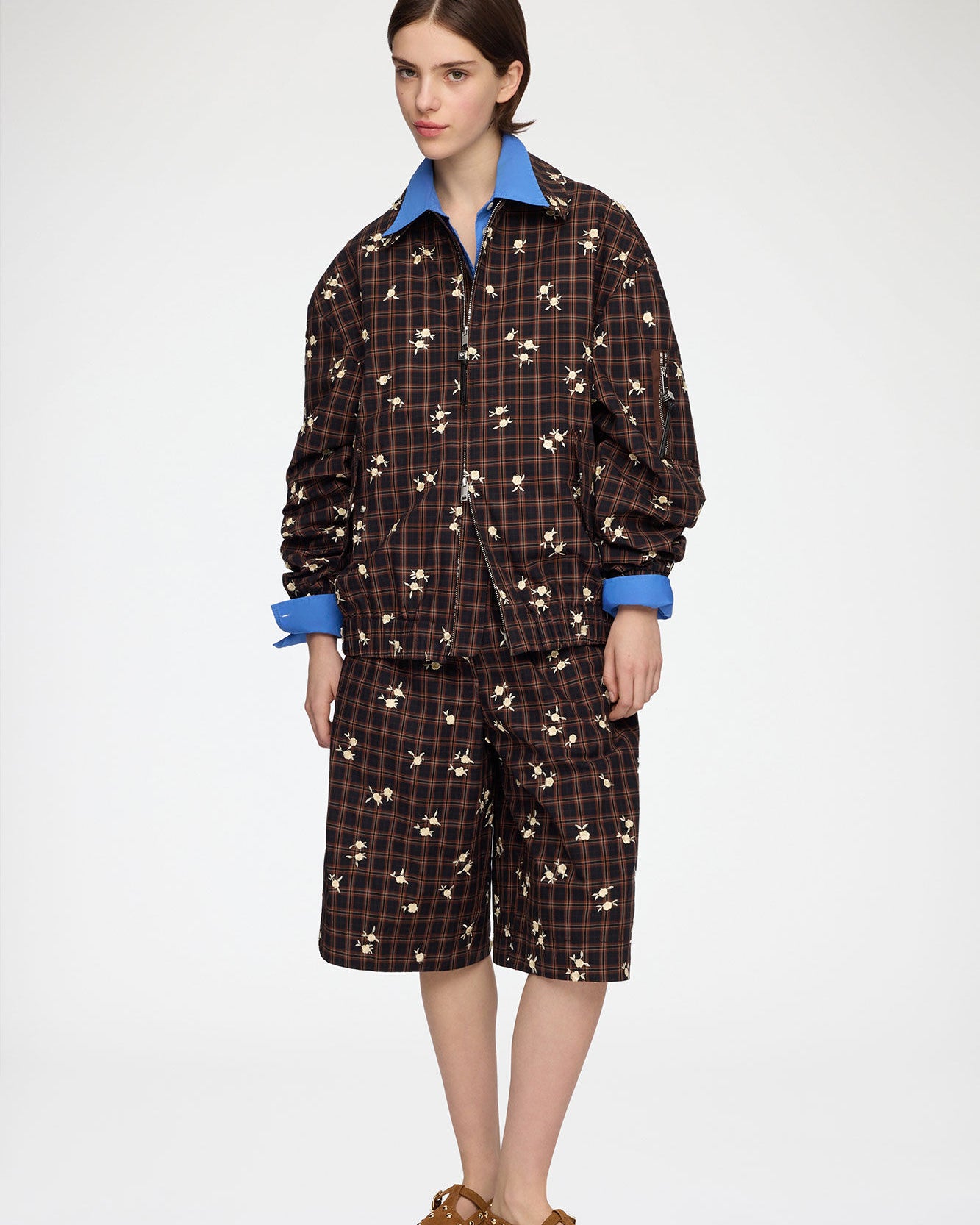 GANNI Yarn Dyed Check Flower Bomber - Cappuccino Outerwear - Sloane Boutique